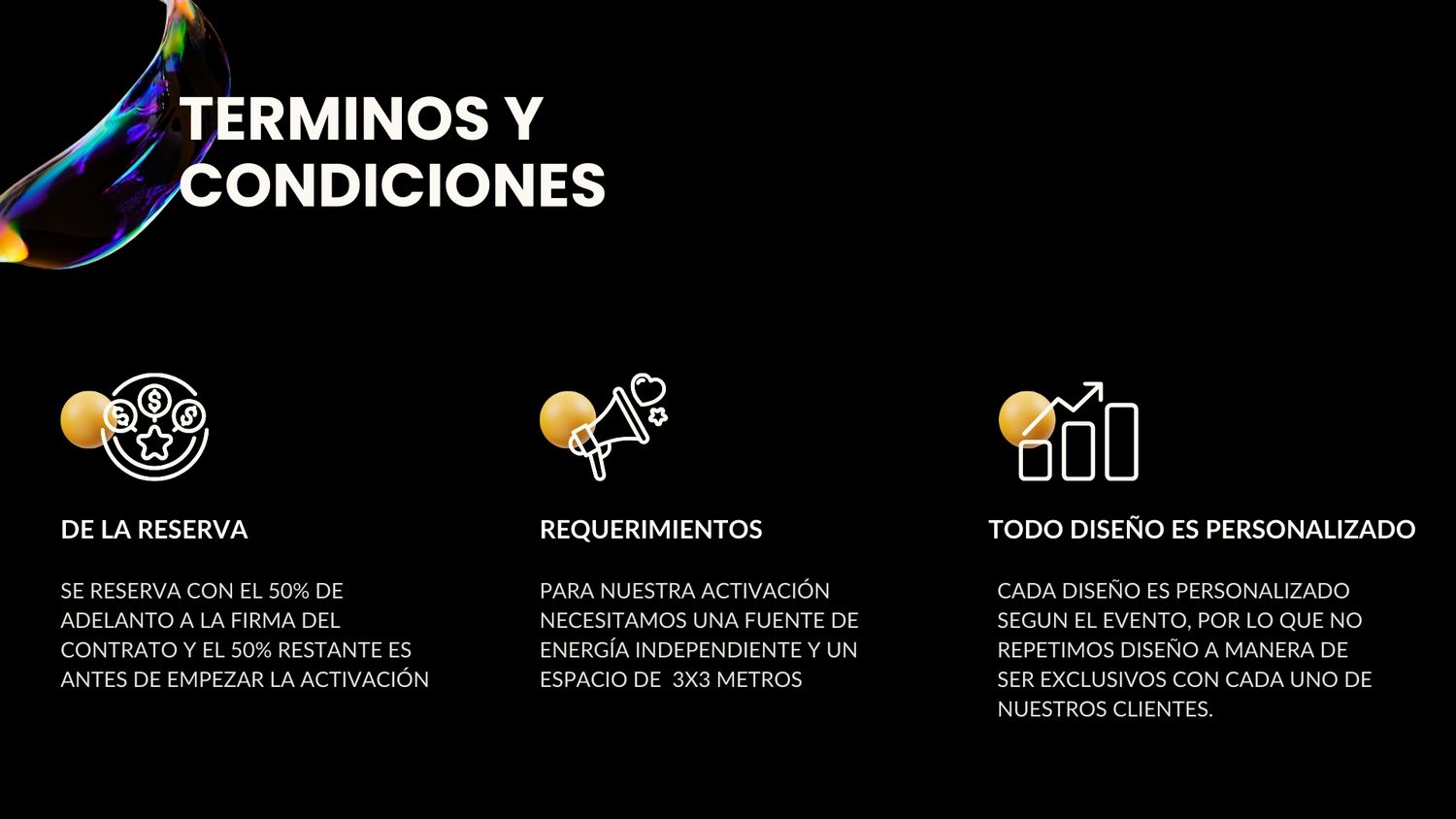 A desktop screenshot showing website navigation menu headers in Spanish including 'Terminos y Condiciones' and other sections.