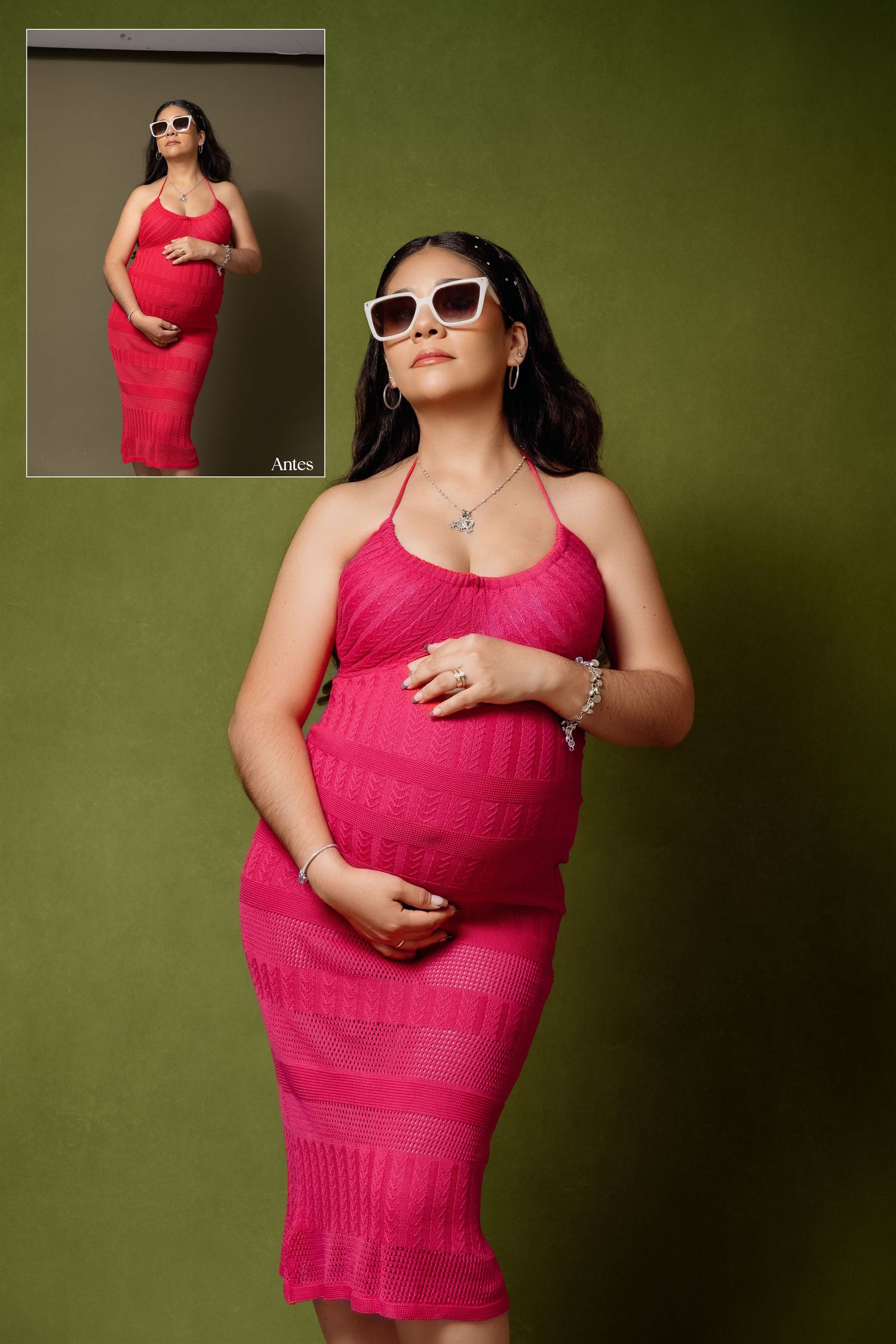 A maternity photoshoot series featuring someone in a vibrant red dress against a green background.
