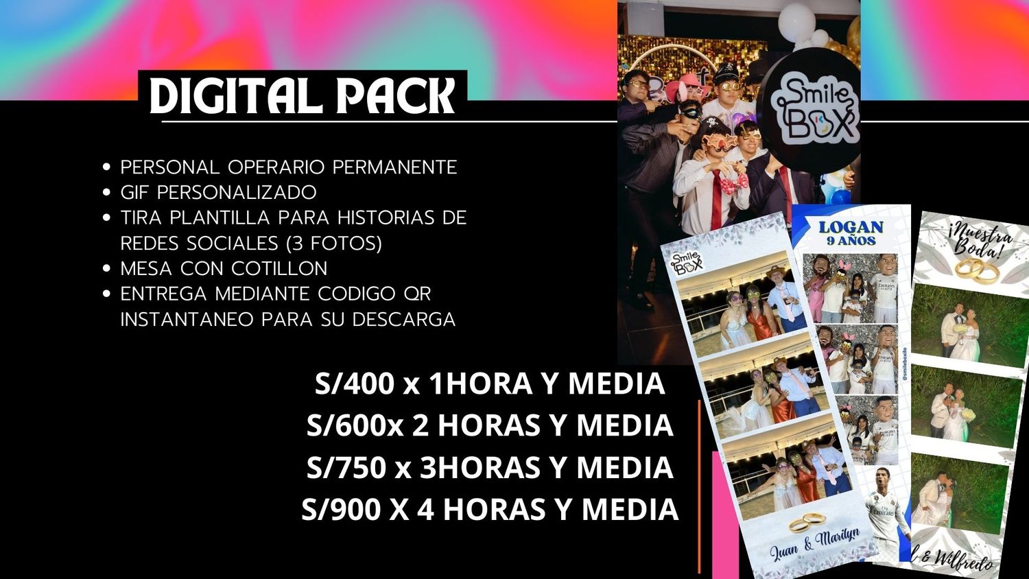 Colorful wedding photography price list banner showing different packages and service tiers with pricing details.