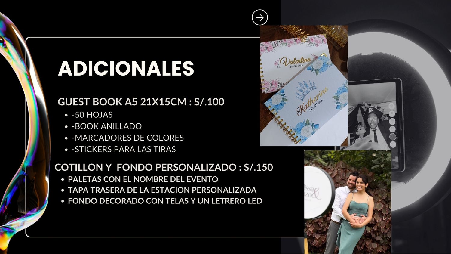Menu board displaying additional guest room services and pricing in Spanish against a dark background.