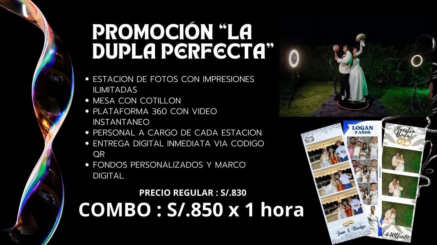 Photography studio promotion banner showing wedding photo services and pricing details in Spanish.