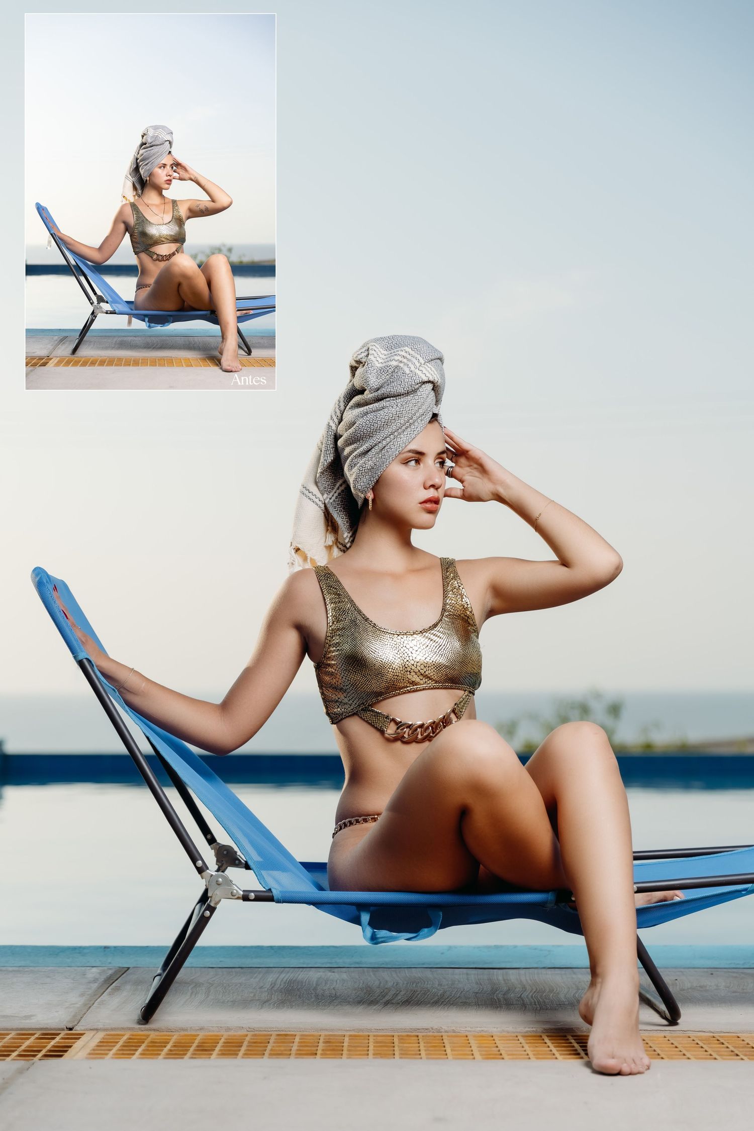 A person in a vintage-style bathing suit and swim cap lounges elegantly on a blue beach chair by the ocean.