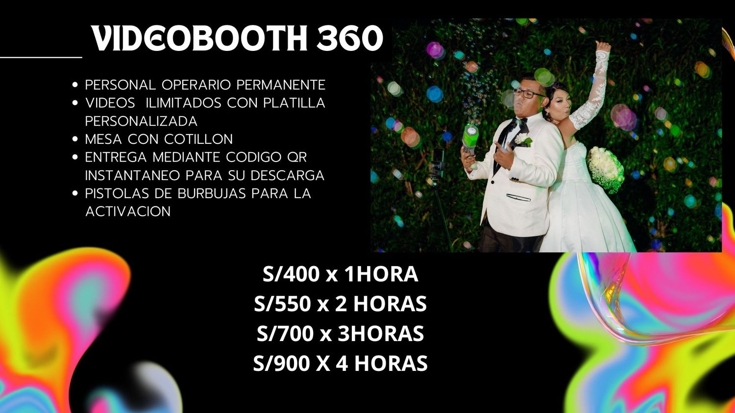 Wedding photography service pricing banner showing colorful swirls and package details against a dark background.