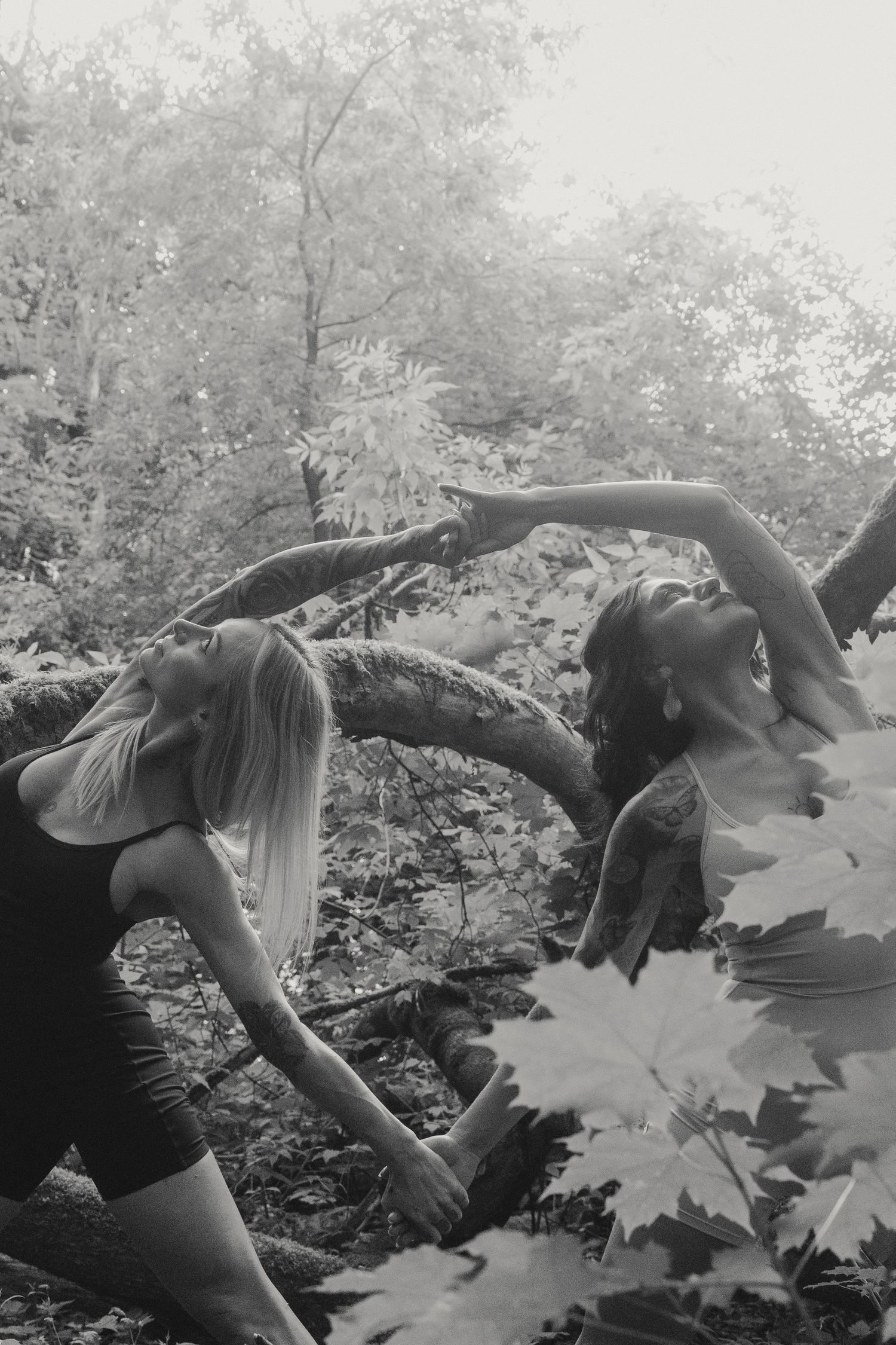 A black and white photo of dancers gracefully posing on a tree branch in the woods.