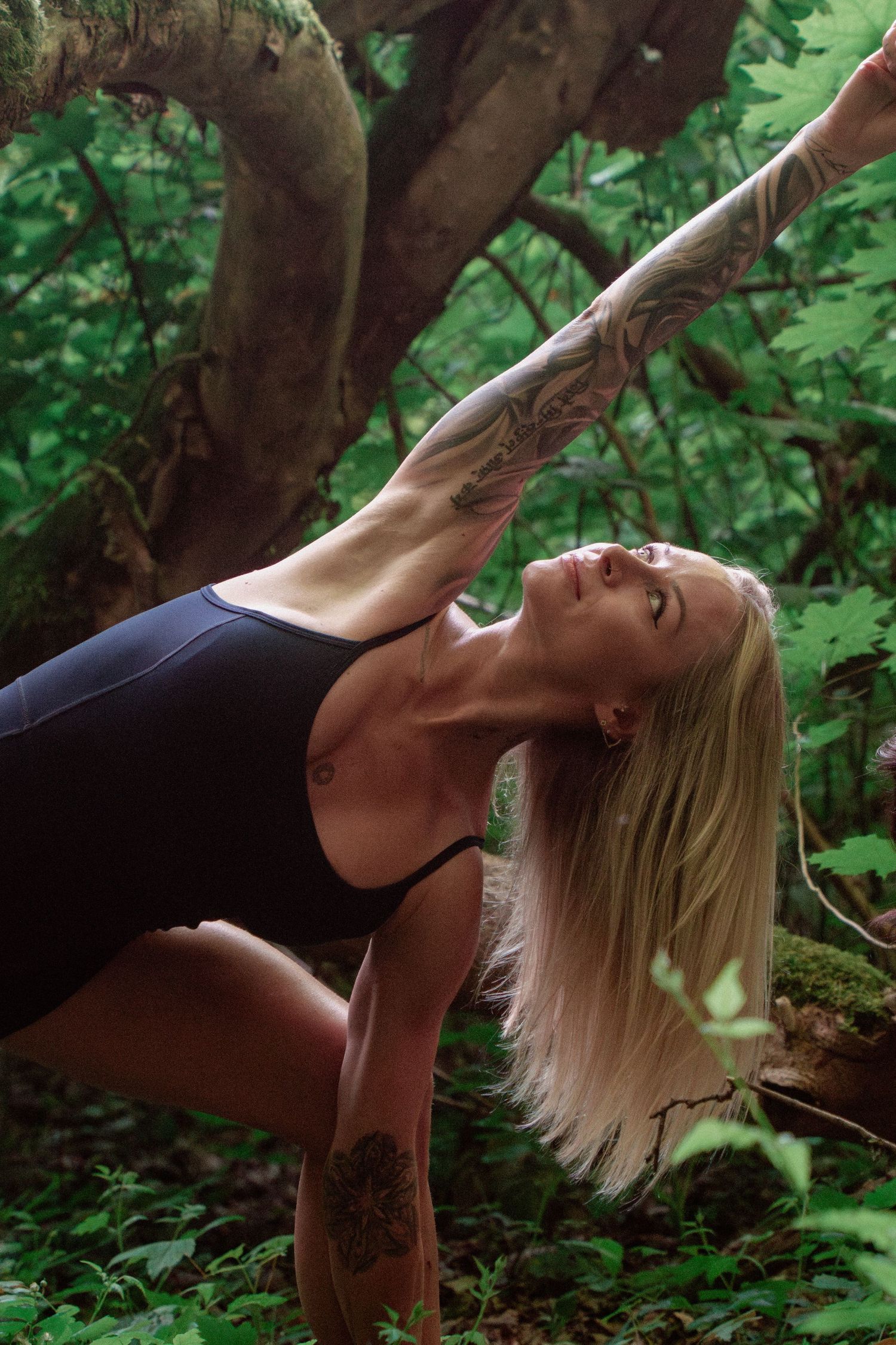 Athletic dancer in black leotard performing a backbend pose on a tree branch in a forest setting.