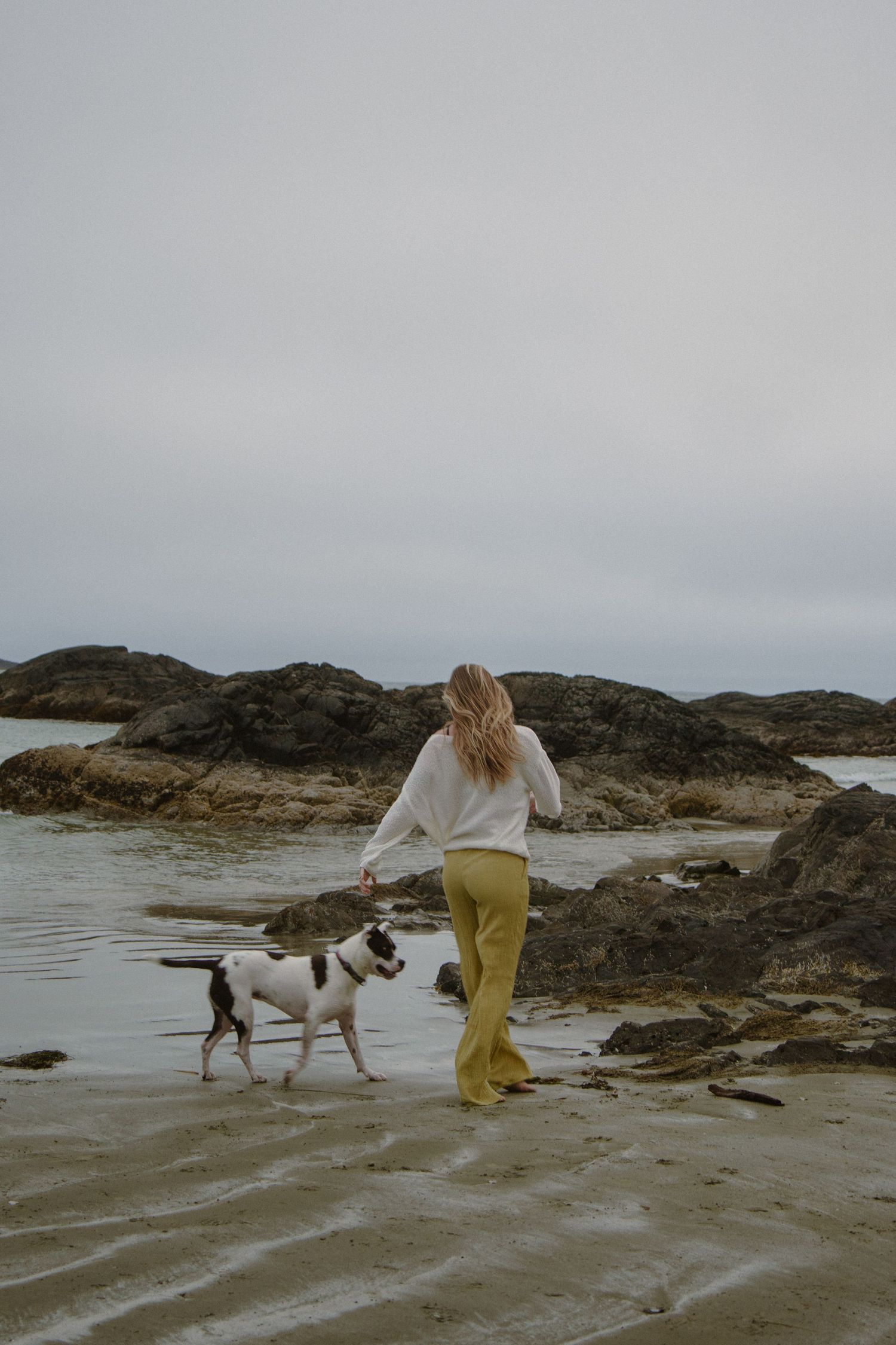 Person in yellow pants and white sweater walking a dog along a rocky coastline.