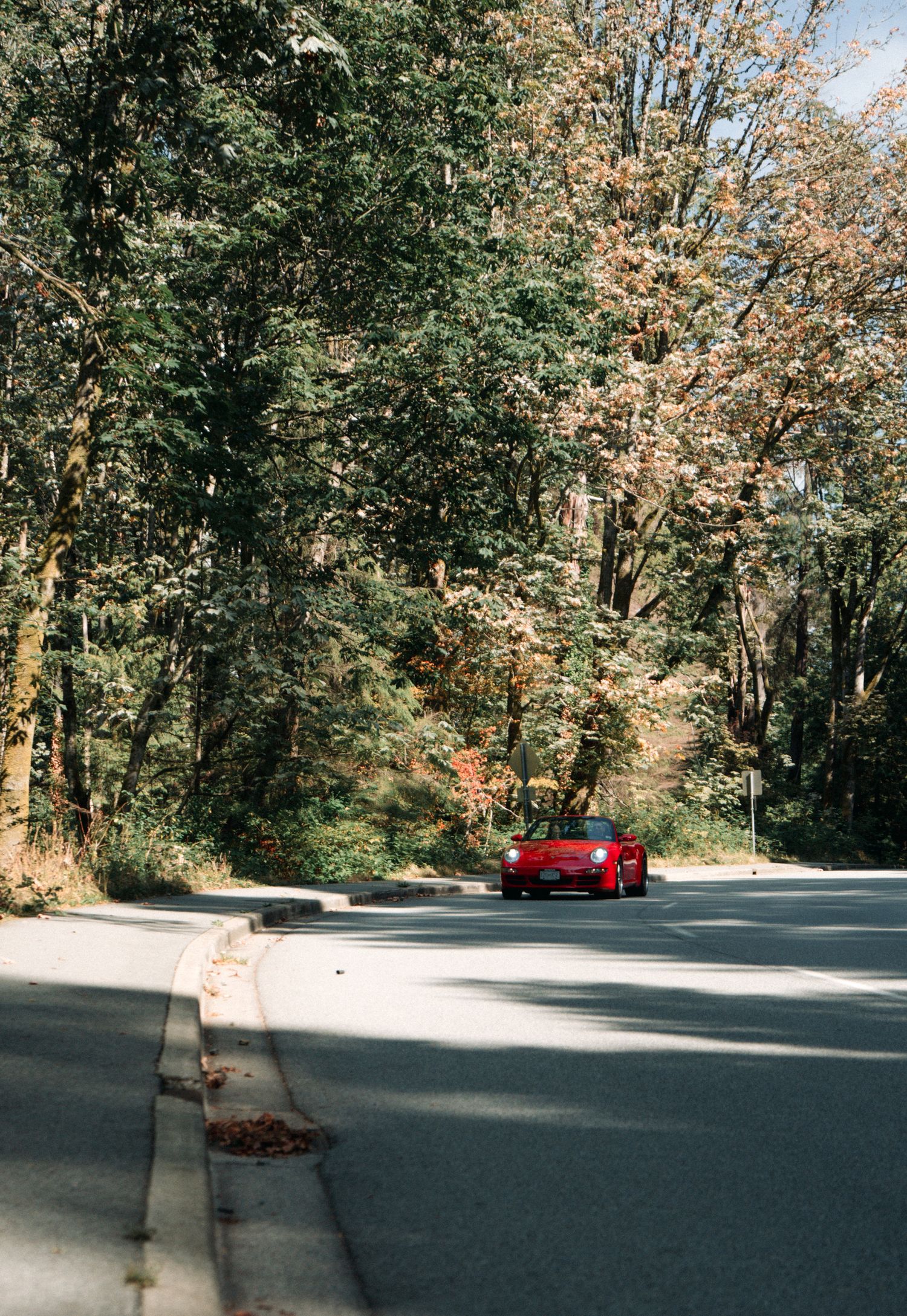Red sports car driving on a winding forest road with autumn foliage.