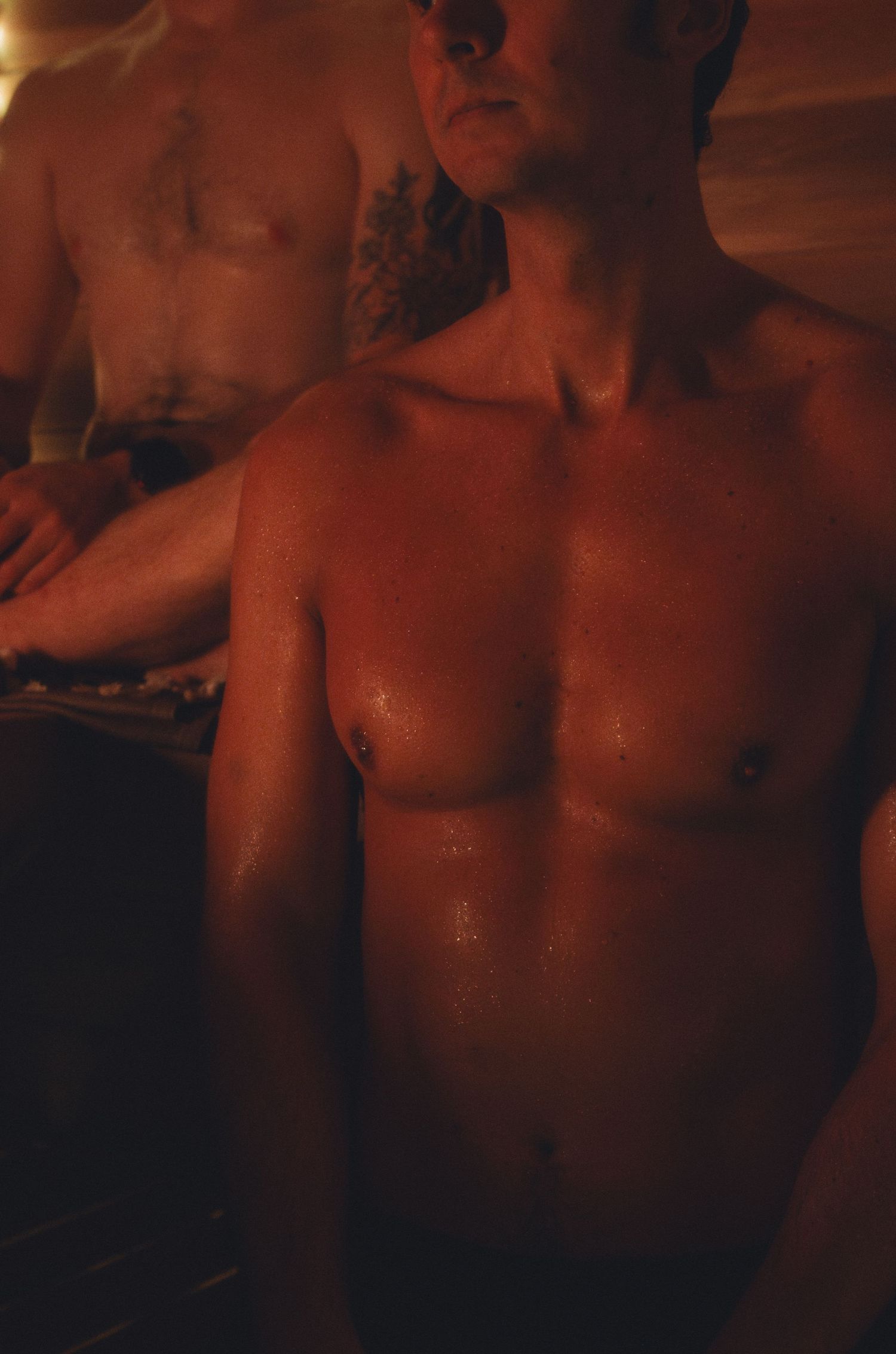 Torso shot highlighting athletic physique in warm lighting.