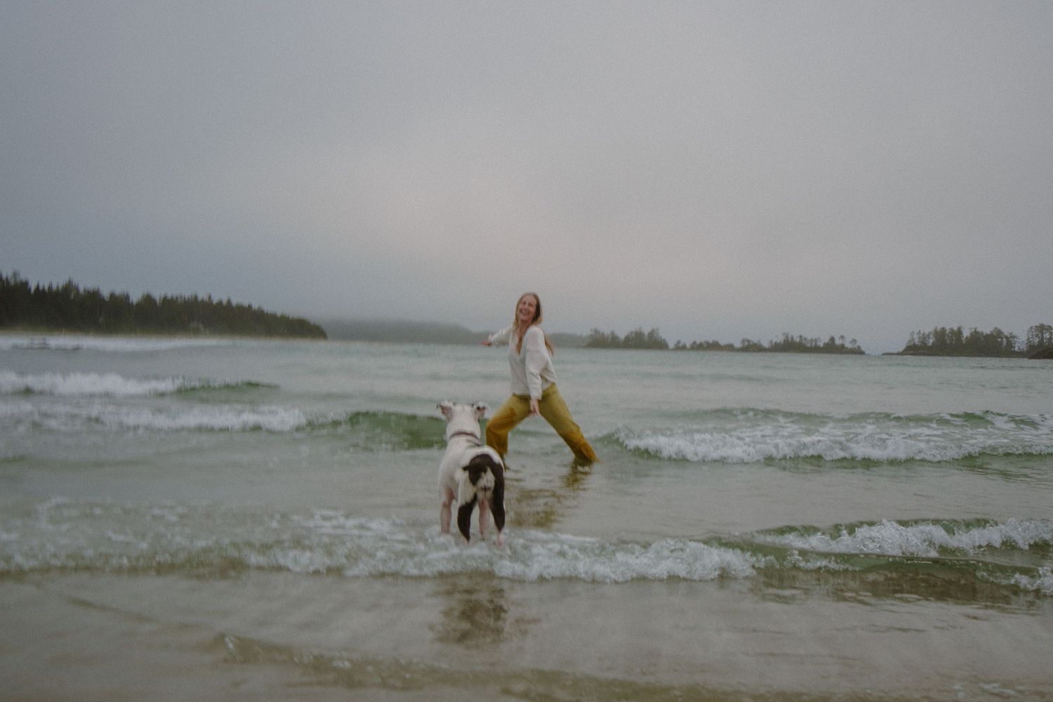 Joyful moment captured of someone jumping in shallow ocean waters with their dog.