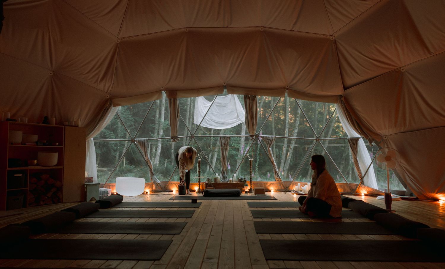 A tranquil yoga space in a geodesic dome featuring wooden floors and forest views through triangular windows.