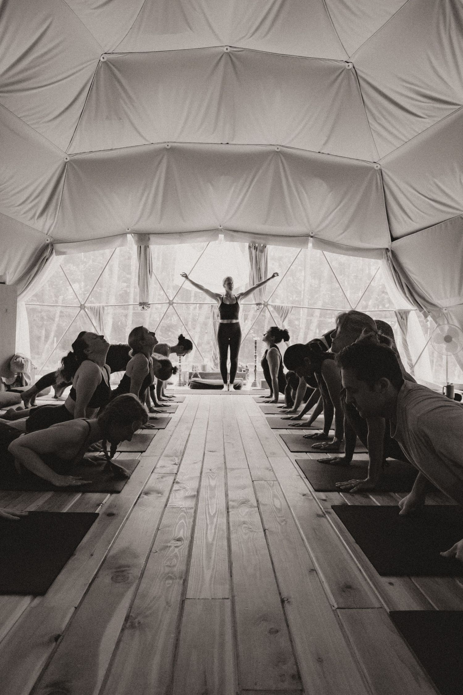 Silhouette of yoga instructor leading class in symmetrical tent setting.