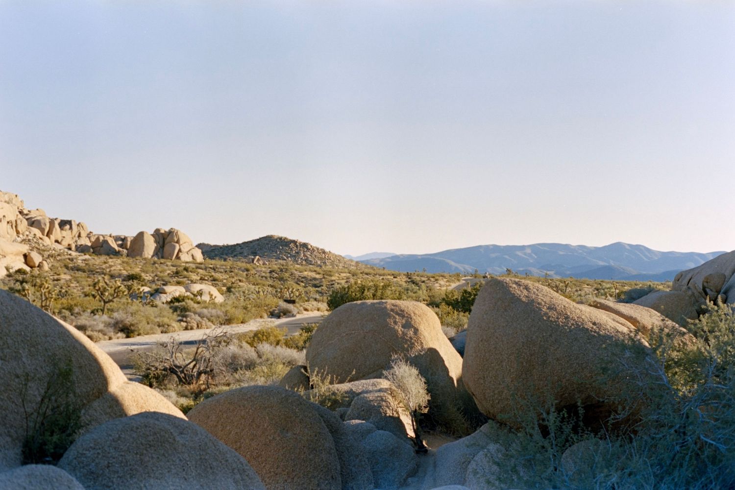 Large granite boulders scattered across desert landscape with mountains in background.