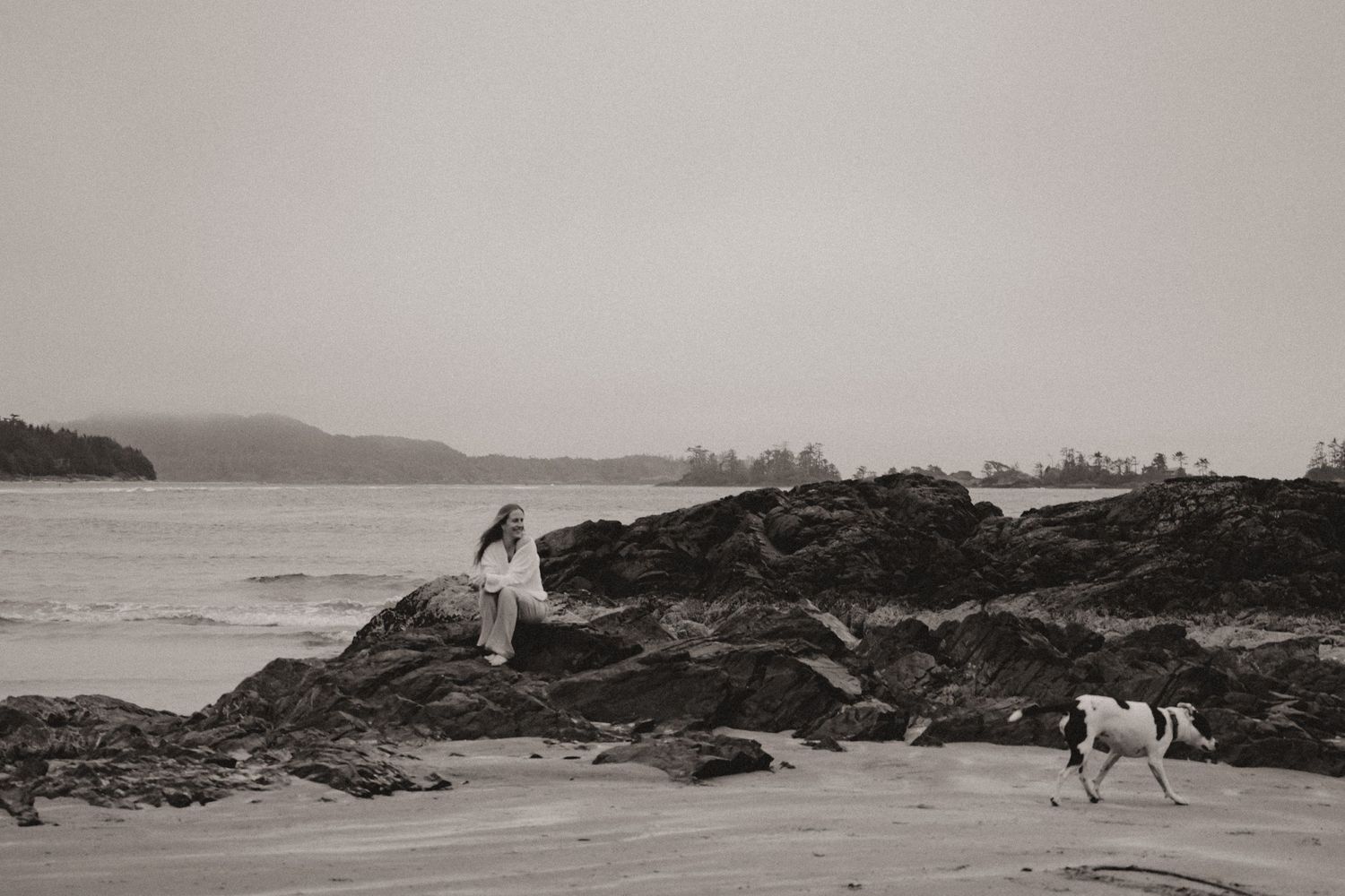 Black and white photo of person walking on rocky beach with dog.