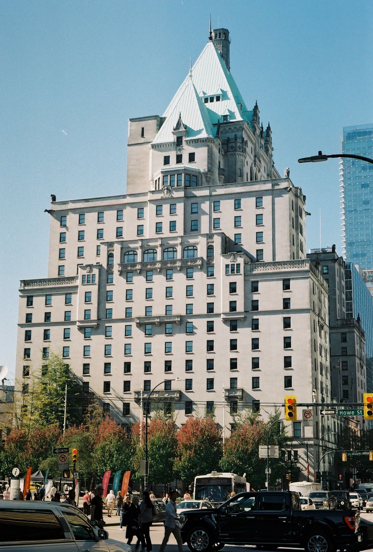 Historic Fairmont Hotel building with distinctive architecture in downtown Vancouver.