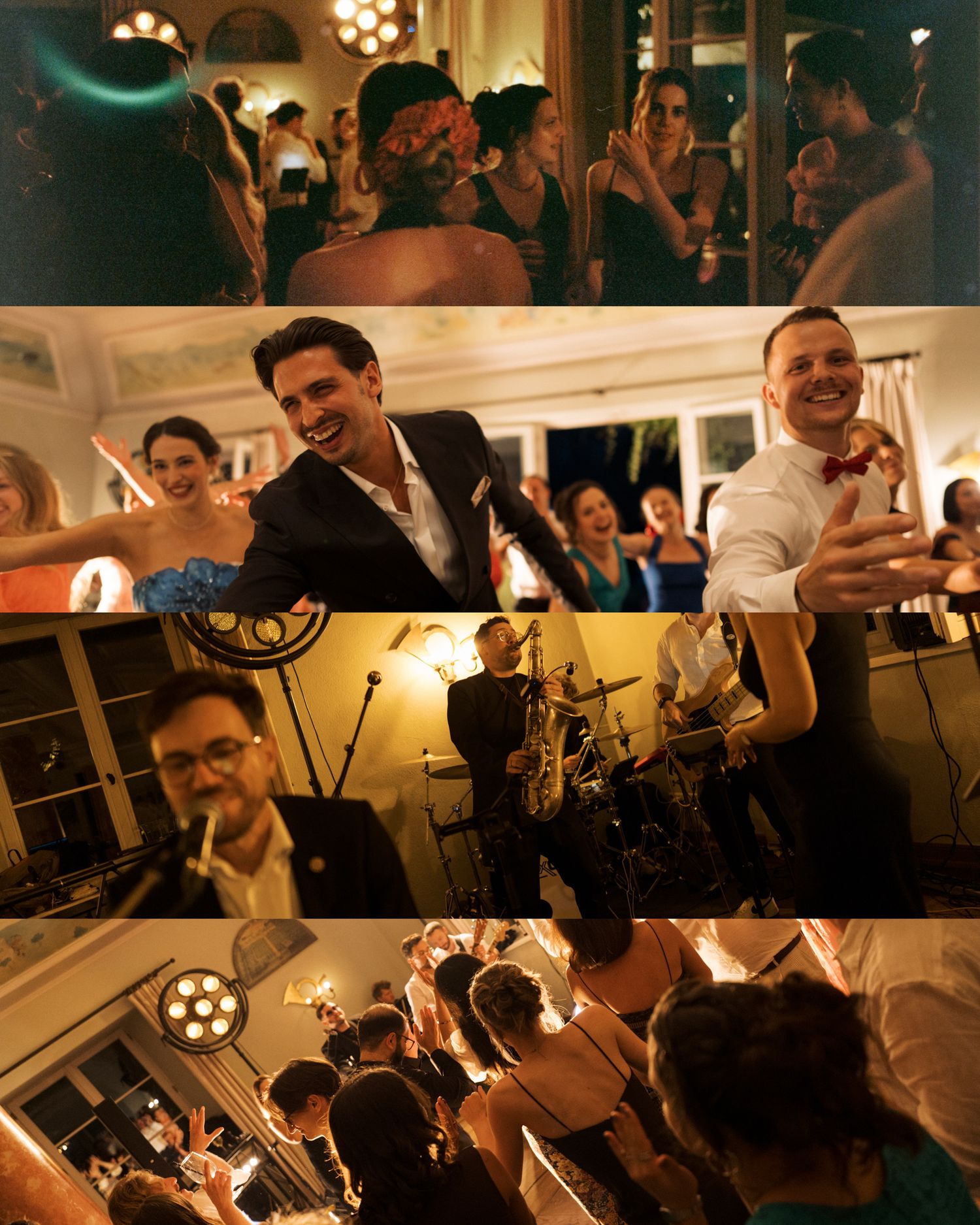 Guests dancing and celebrating at an elegant indoor party with live band music and festive lighting.