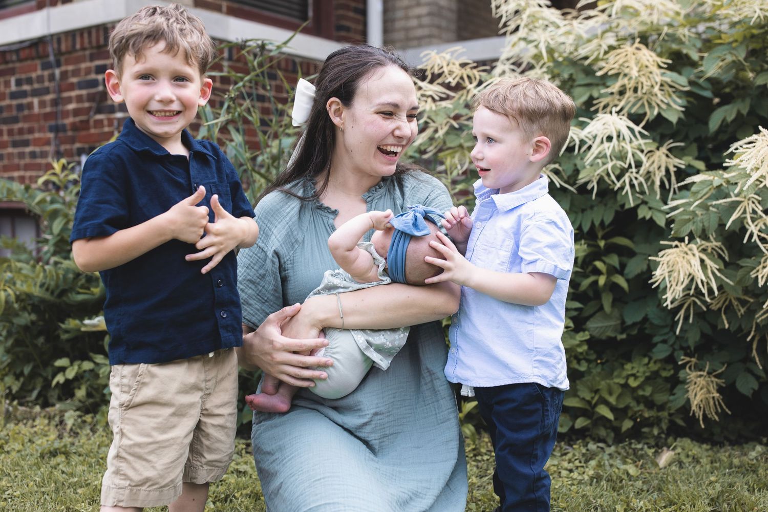 A sequential series of candid family moments captured in a garden setting with parents and child playing together.