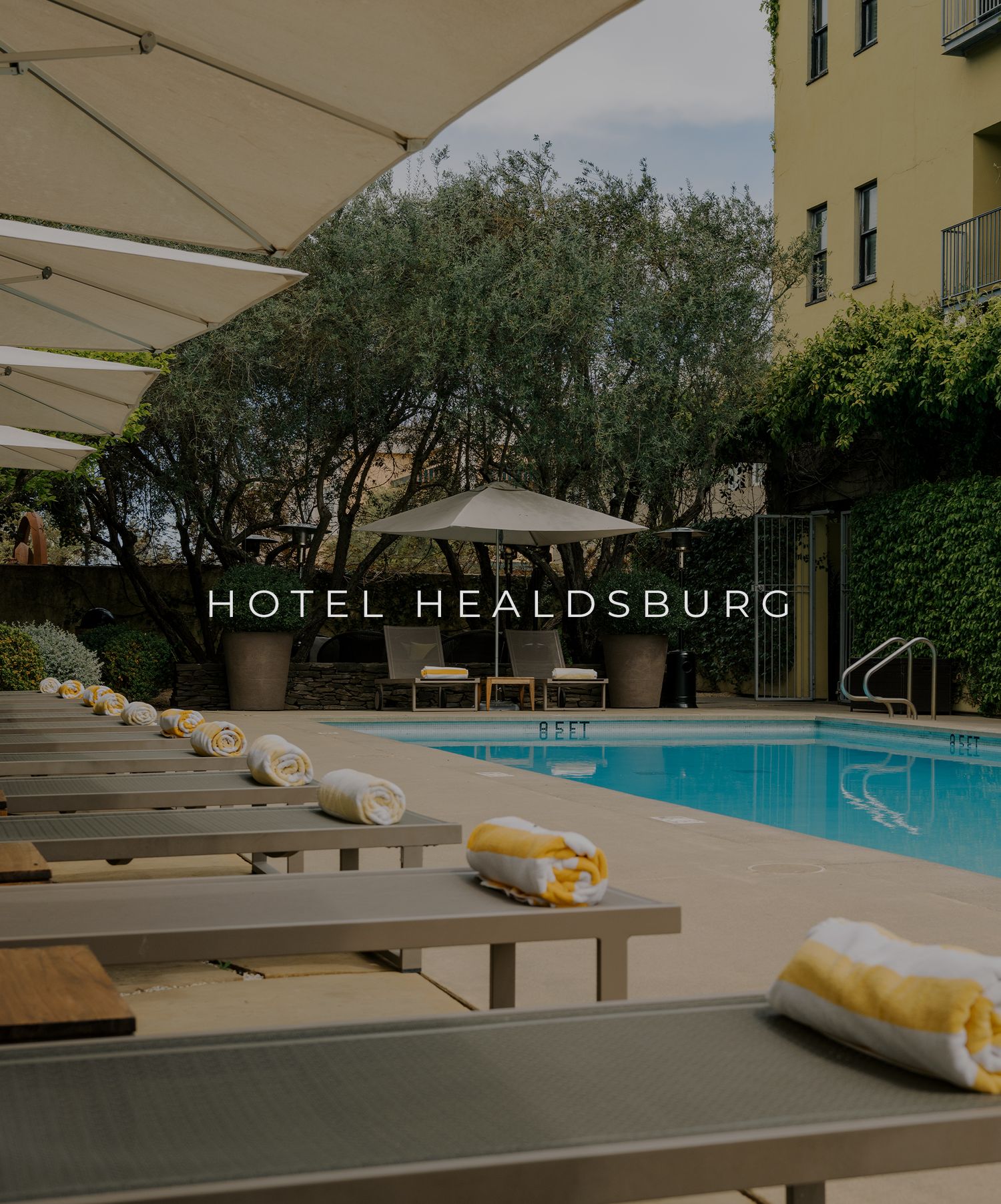Hotel Healdsburg pool area with lounge chairs and umbrellas surrounded by trees and yellow buildings.