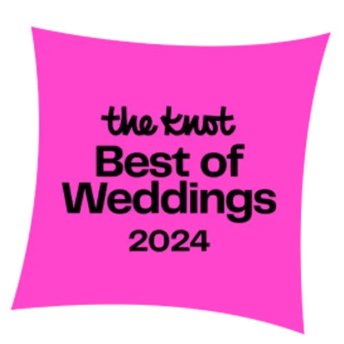 A bright pink square badge with black text reading 'the knot Best of Weddings 2024'.