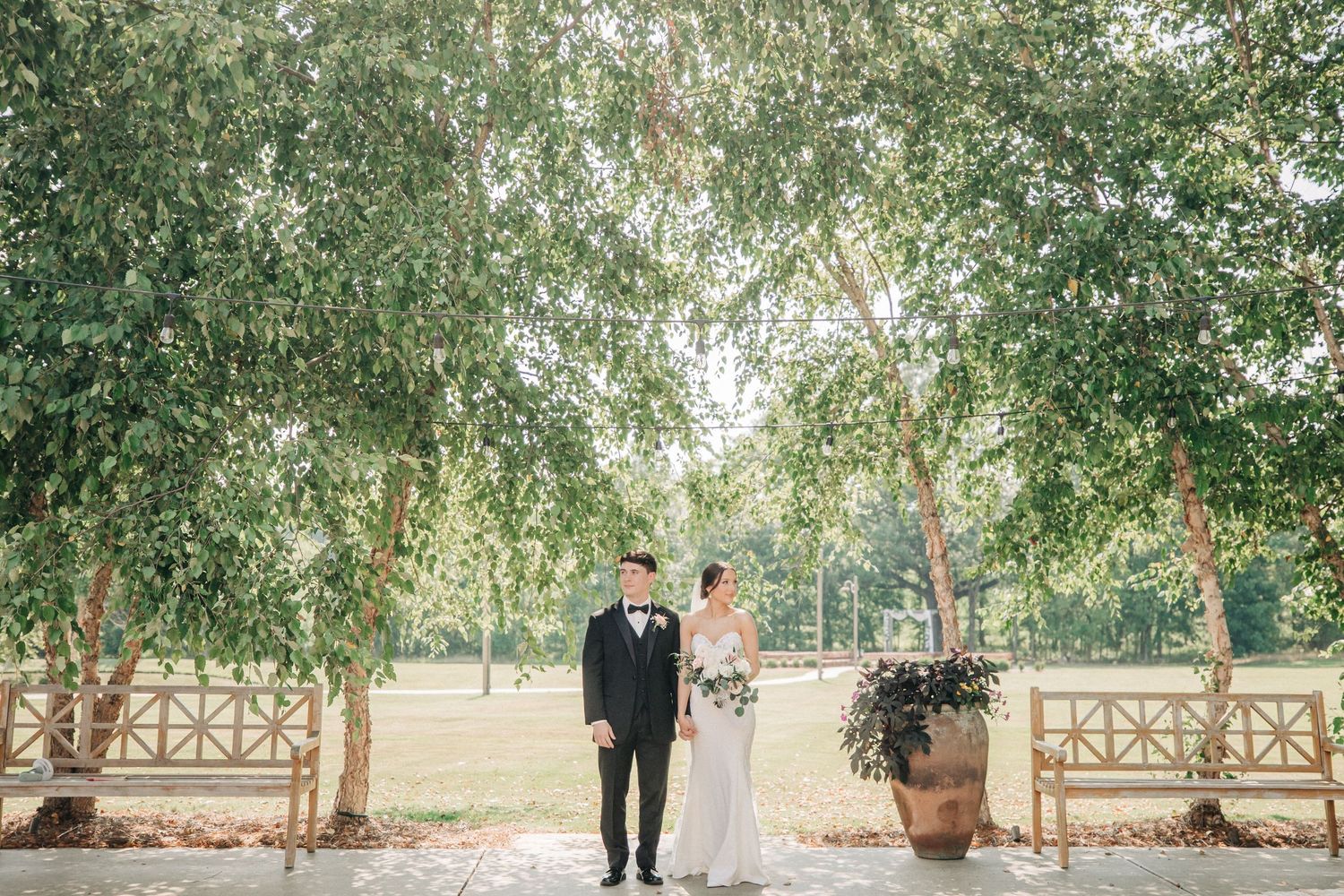 Wedding couple stands together under leafy birch trees beside an ornate iron bench in a romantic garden setting.