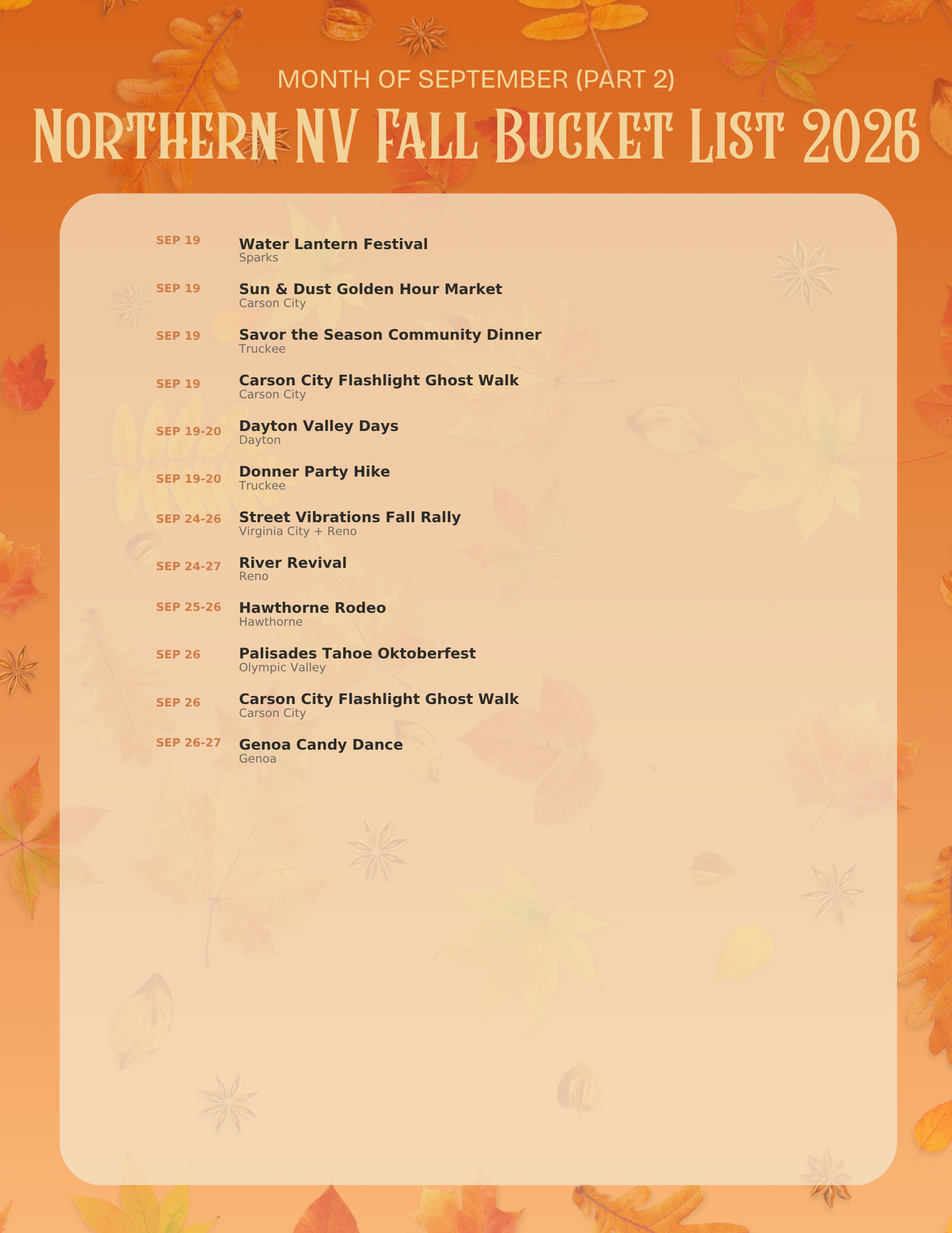 Northern Nevada Fall Bucket List 2026 September Part 2 featuring autumn events like Water Lantern Festival and Genoa Candy Dance.