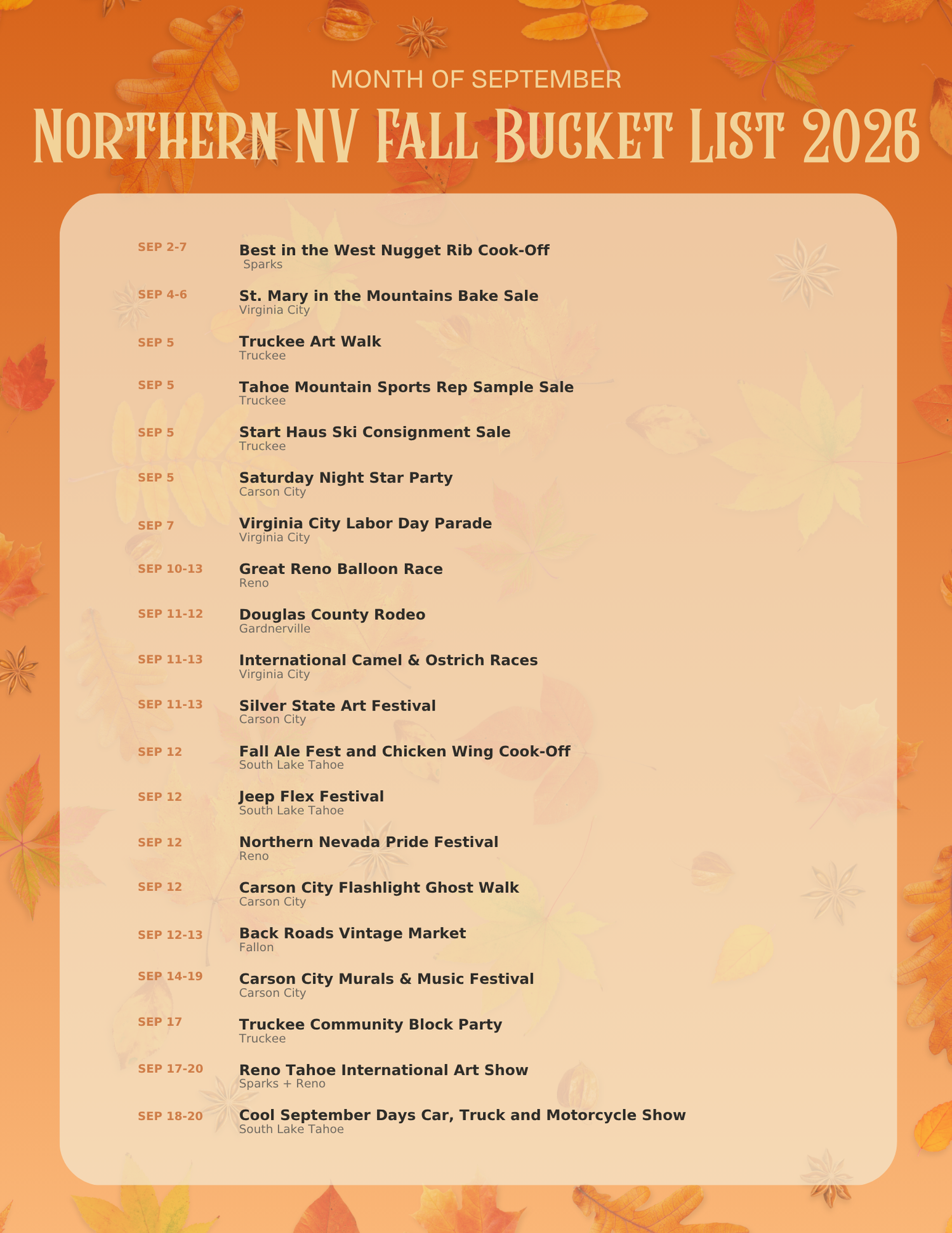 Northern NV Fall Bucket List 2026 September events flyer with autumn leaves featuring local festivals and activities.