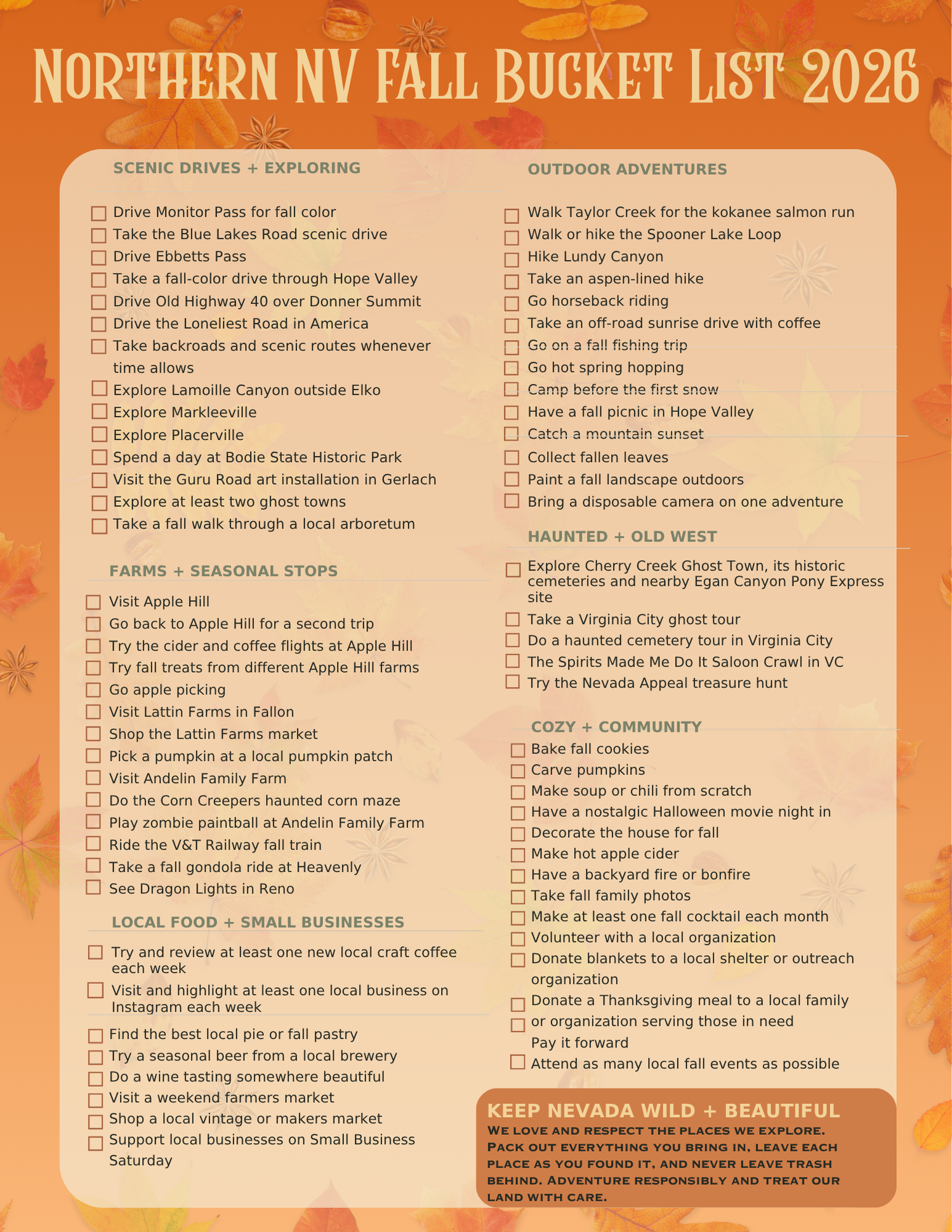 Northern NV Fall Bucket List 2026 checklist with scenic drives, outdoor adventures, farms, local food, and community activities.