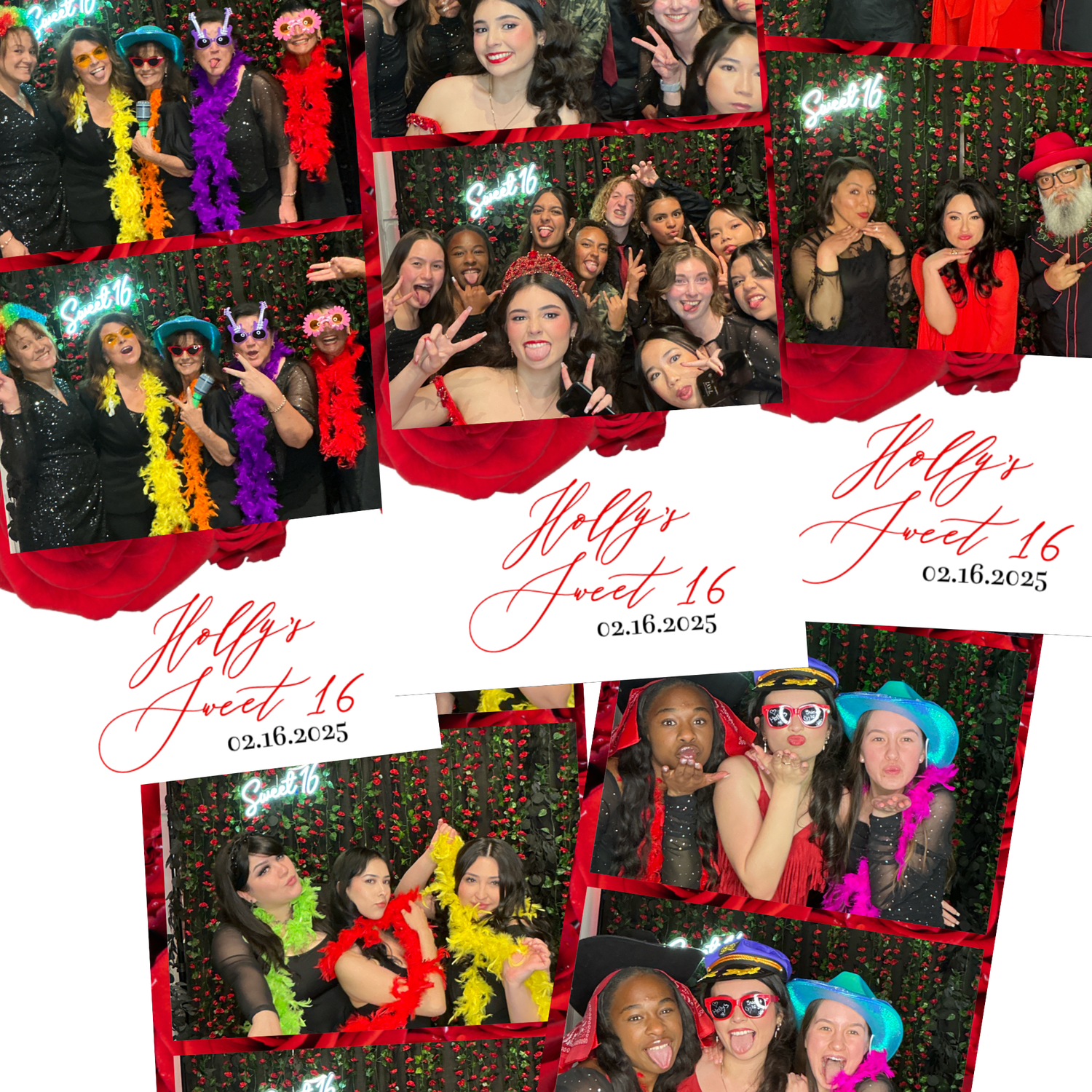 A collage of festive holiday photos with red and white decorations arranged in a torn paper style layout.