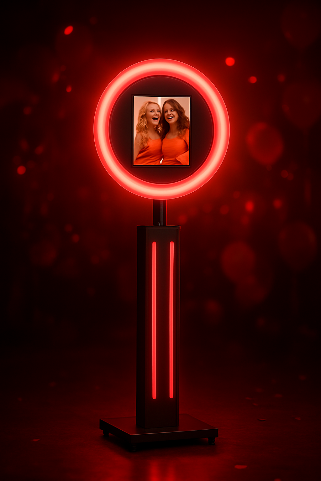 Red neon photo display unit with illuminated frame and romantic ambient lighting.