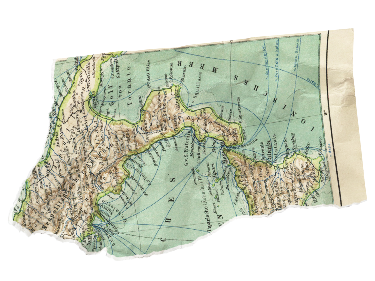 Antique map fragment depicting a coastal region with mountains..