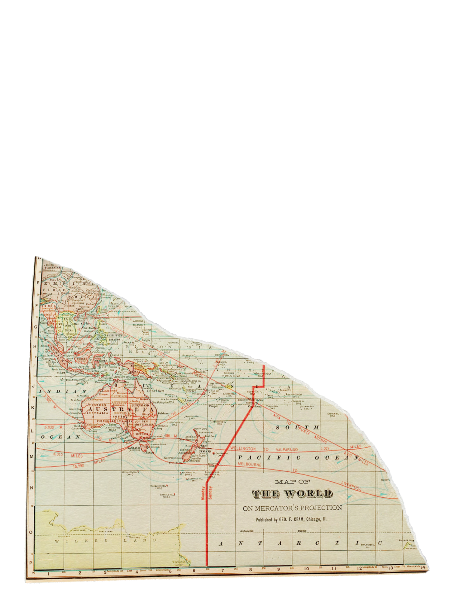 Antique world map fragment showing northern hemisphere navigation routes.