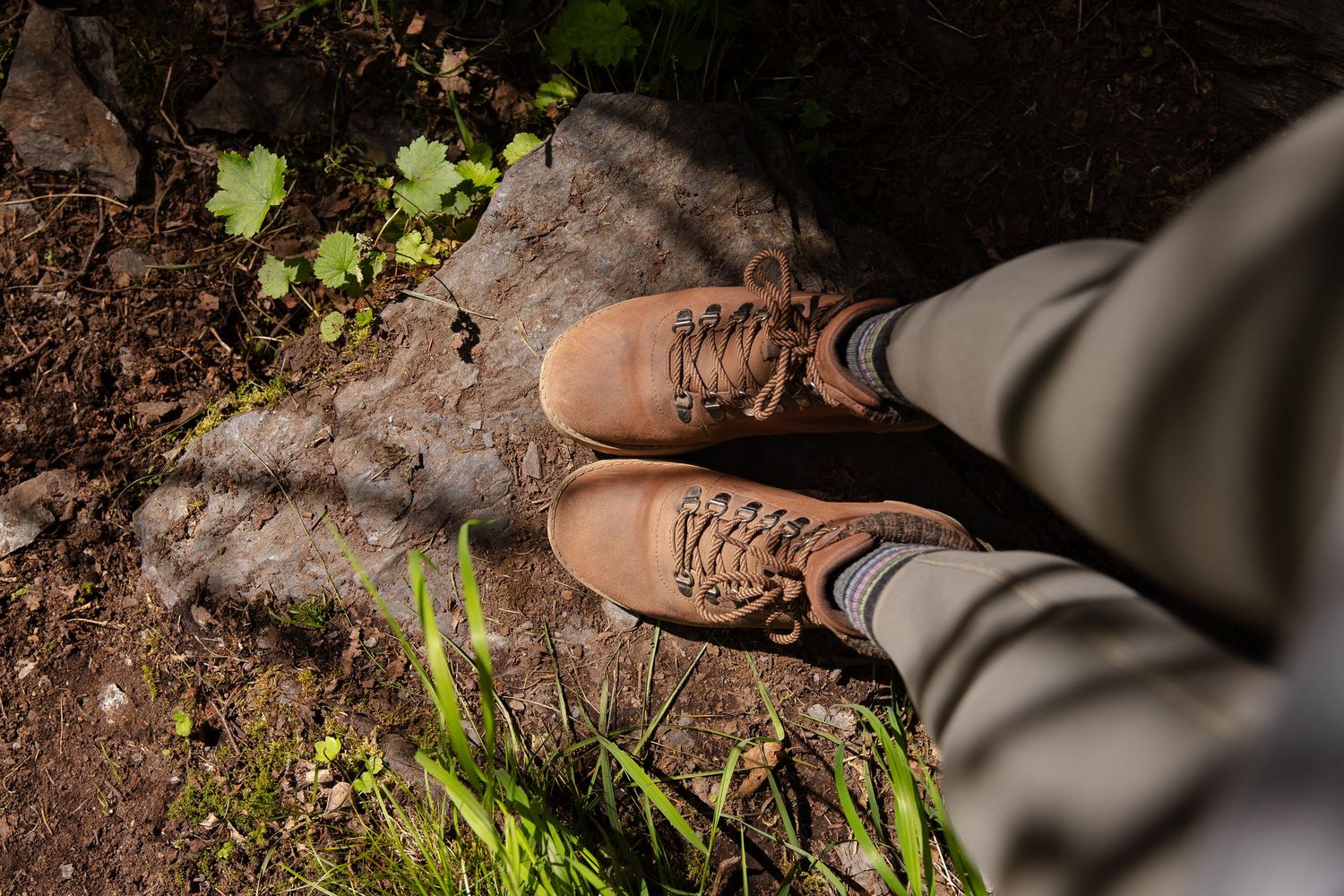 Close-up of hiking boots on dirt trail with green plants.