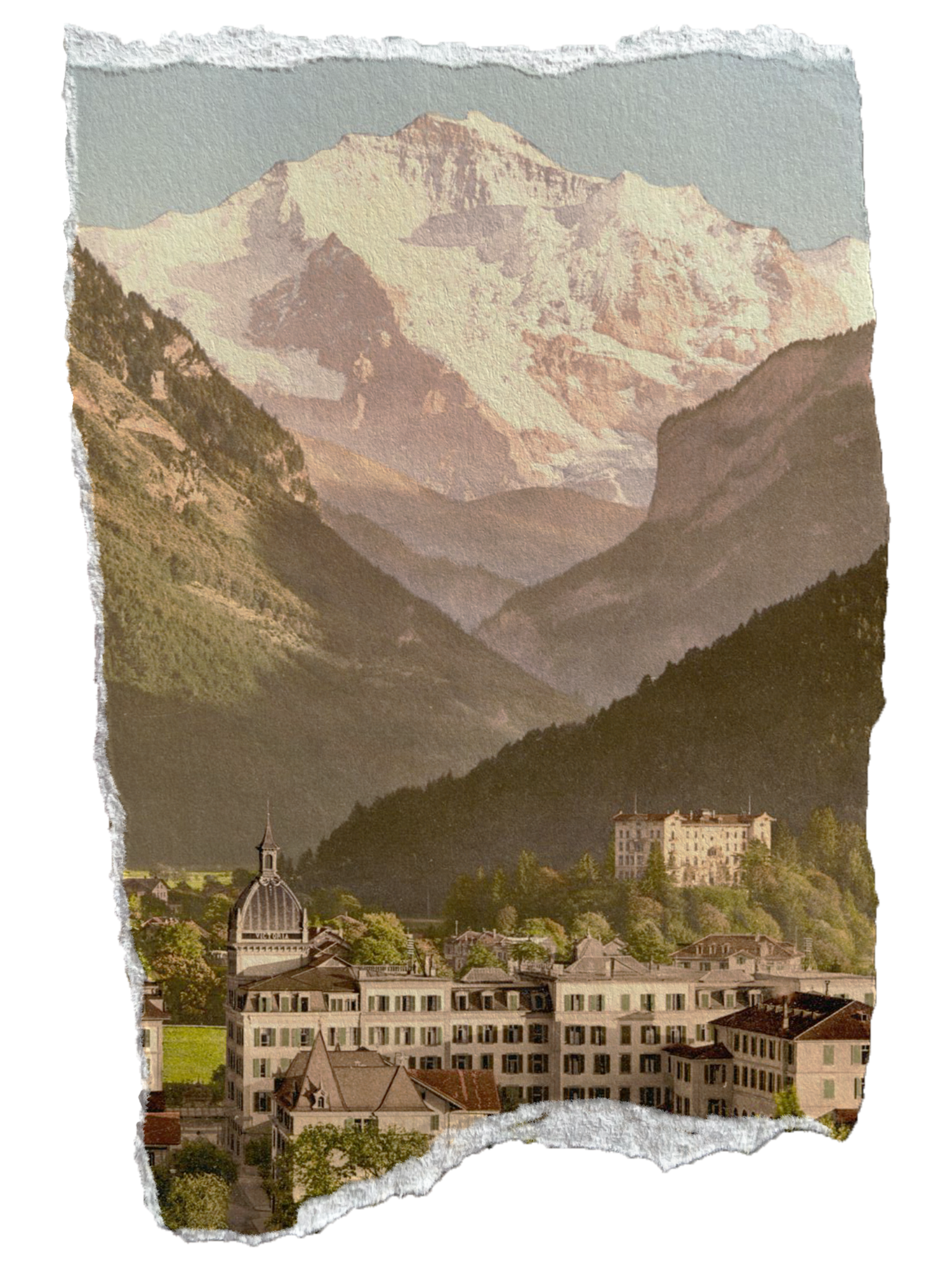 Vintage panoramic view of a mountain town with grand hotel buildings and snow-capped peaks.