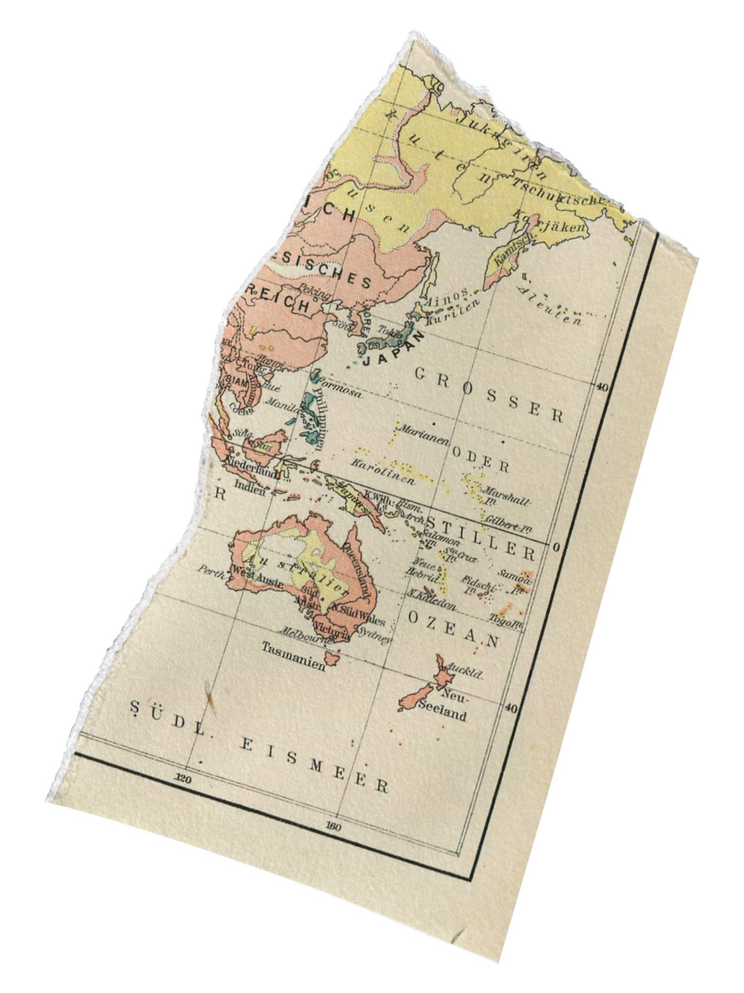 Vintage map fragment showing parts of Asia, Australia and the Pacific Ocean with muted yellow and pink coloring.