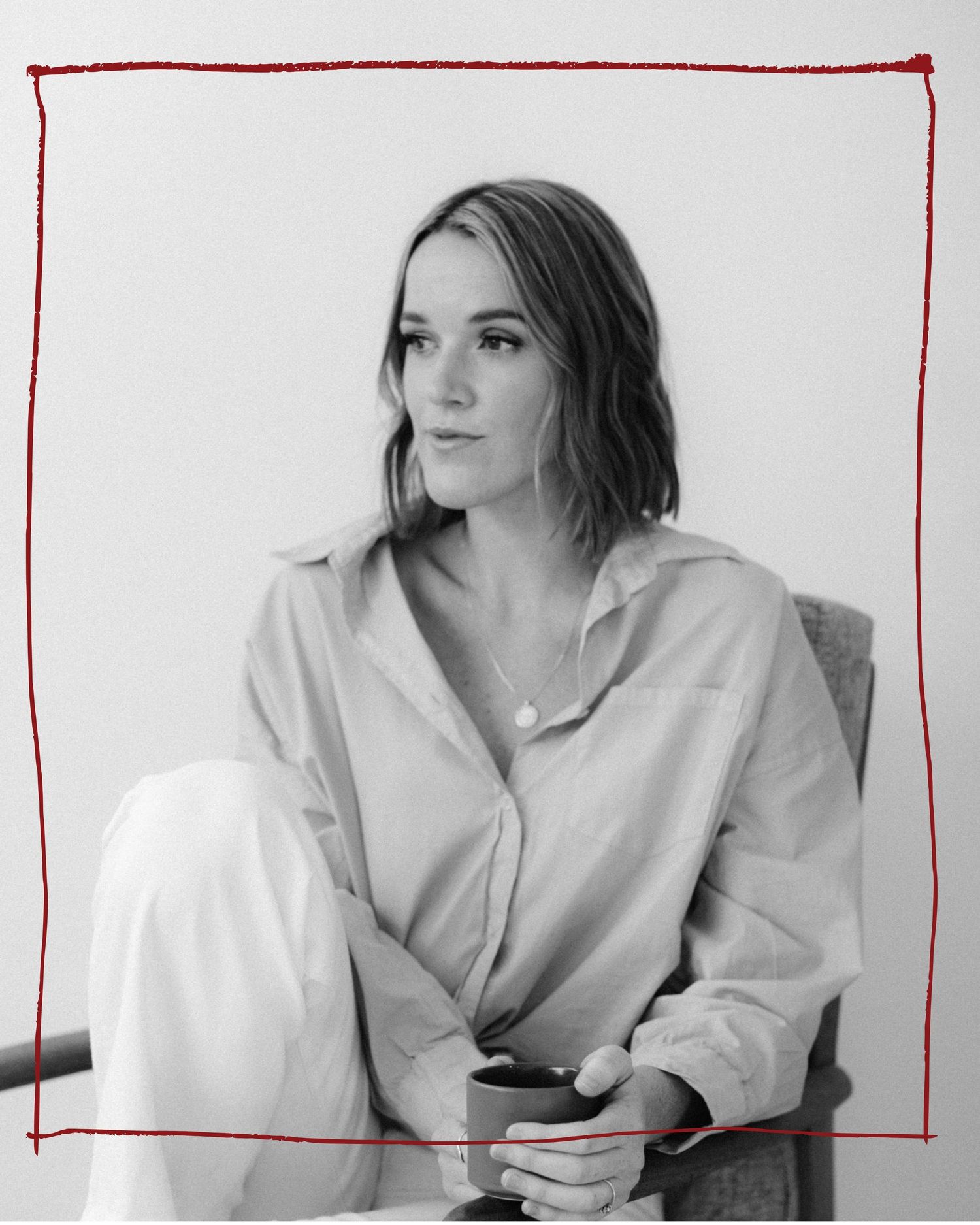 Black and white artistic portraits showing contemplative poses in a white button-down shirt against a simple backdrop.