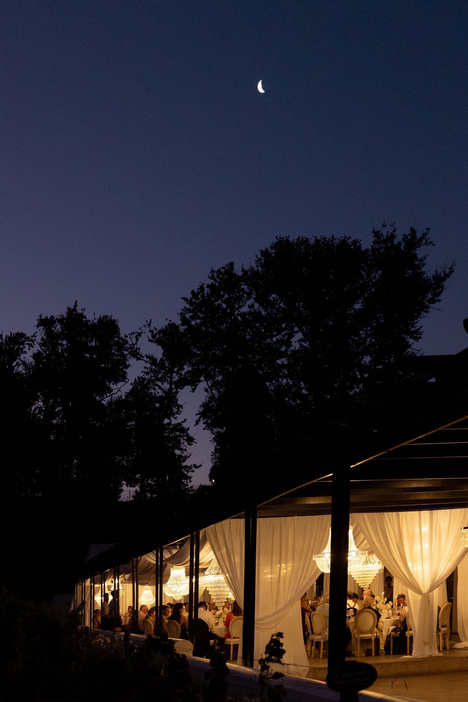 Illuminated white party tents glow against a dark night sky with silhouetted trees in the background.