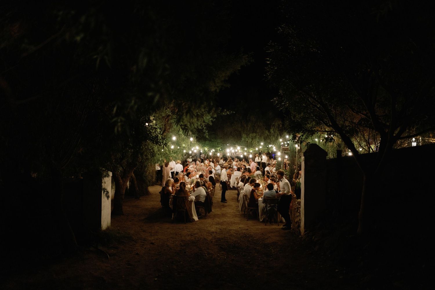 Outdoor nighttime gathering with string lights illuminating guests dining under trees at an elegant evening event.