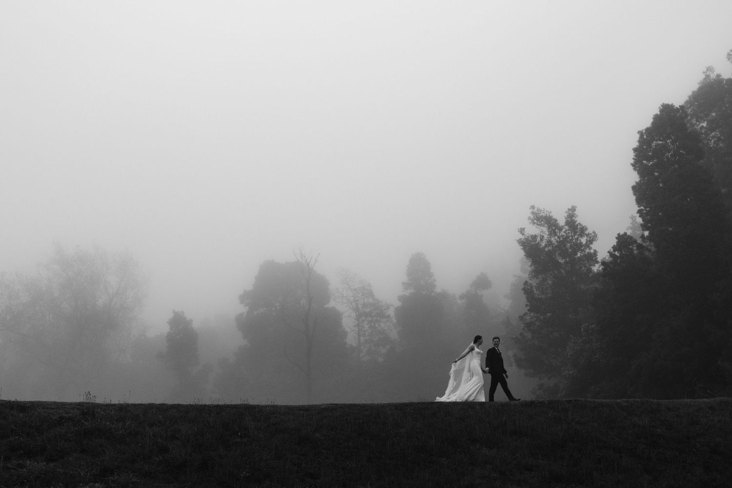 Black and white wedding photo of bride and groom walking in misty field with foggy trees in background.