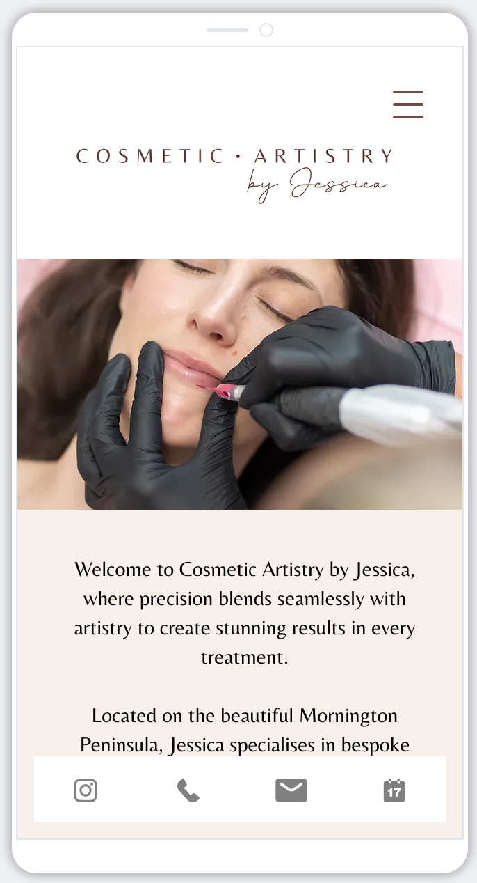 Mobile website mockup for Cosmetic Artistry showing a cosmetic treatment in progress.