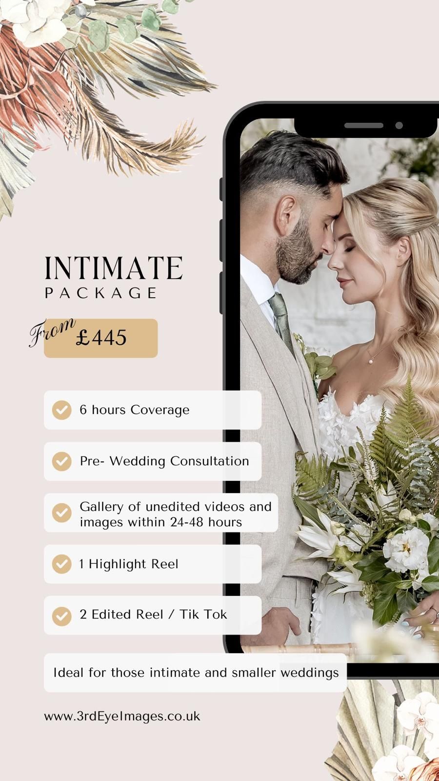 Wedding content creating pricing template showing Intimate Package details for £445 with palm leaf decorative elements.