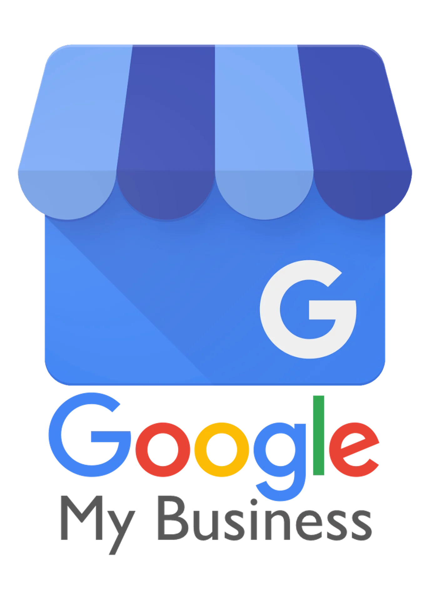 Three Google My Business logos showing the evolution of the brand design in blue and multicolor styles.