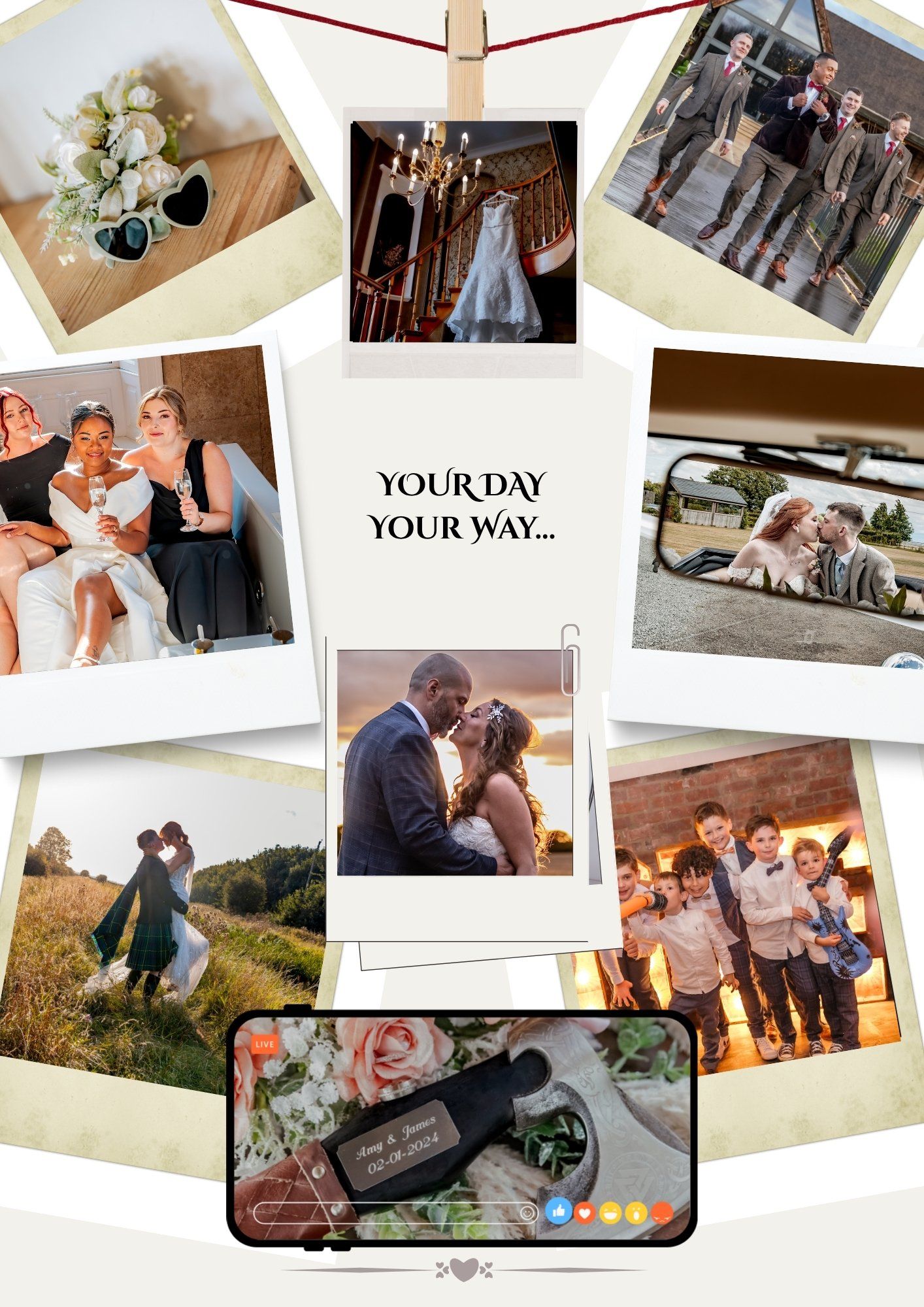 A collage of wedding photos displayed in an overlapping layout showing romantic moments and celebrations.