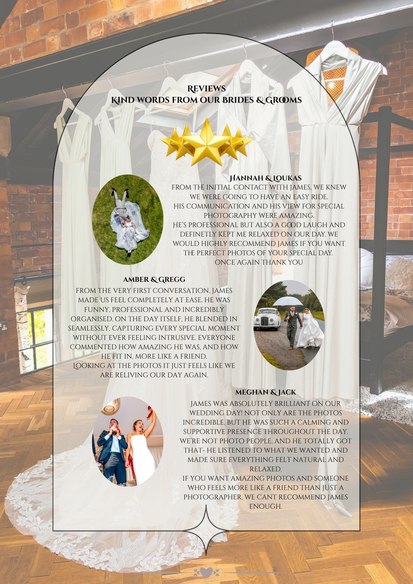 Wedding album photo spread showing elegant white and gold layouts with decorative floral wreaths on a brick wall backdrop, with reviews.
