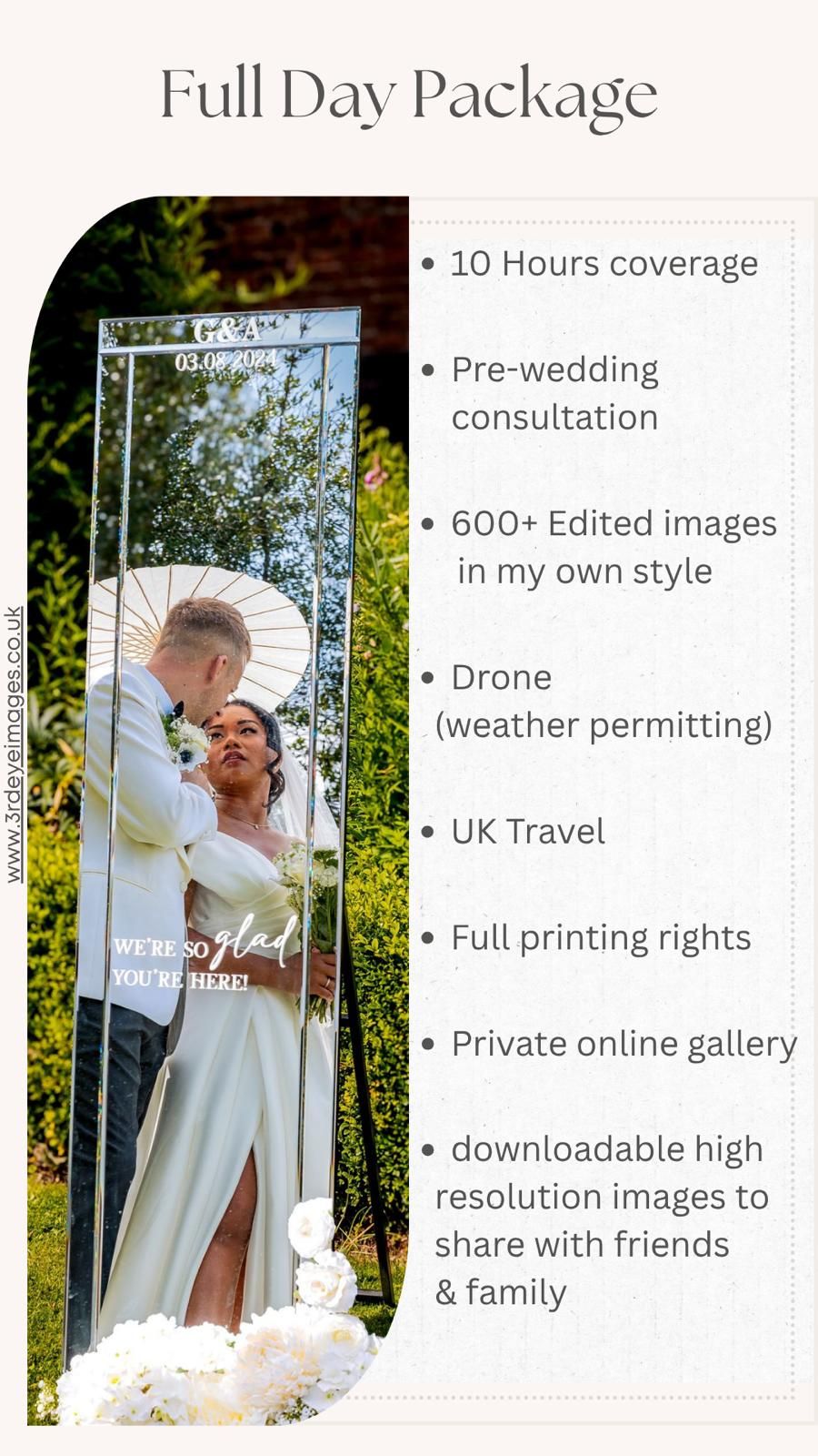 Wedding photography package details showing service offerings including 10 hours coverage, drone photos, and image rights.