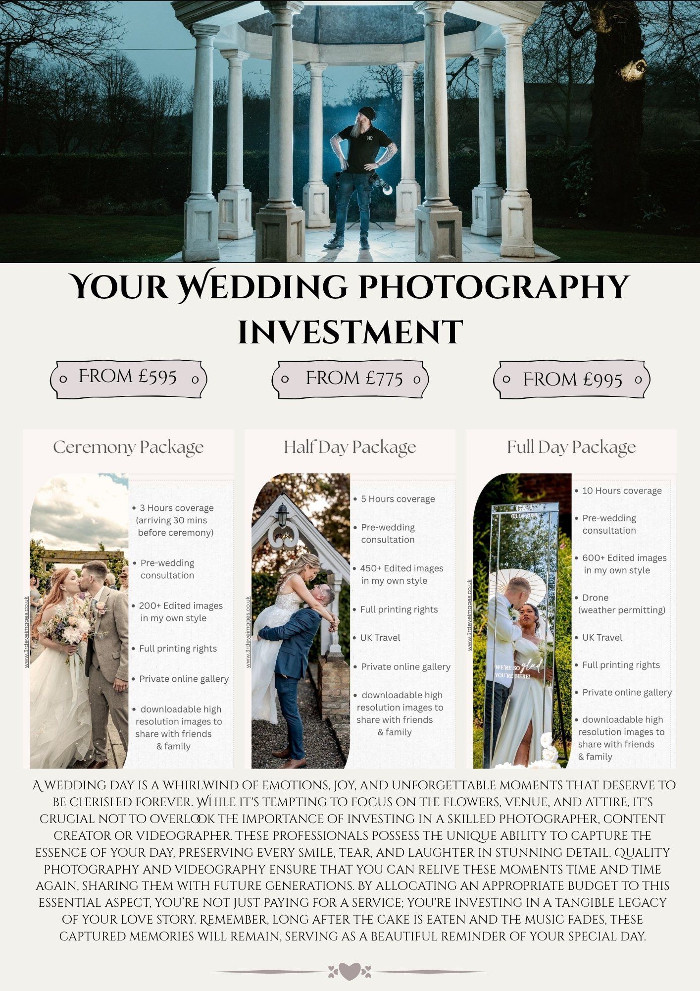 Wedding photography pricing guide showing three package tiers with sample photos and a white gazebo banner image at the top.