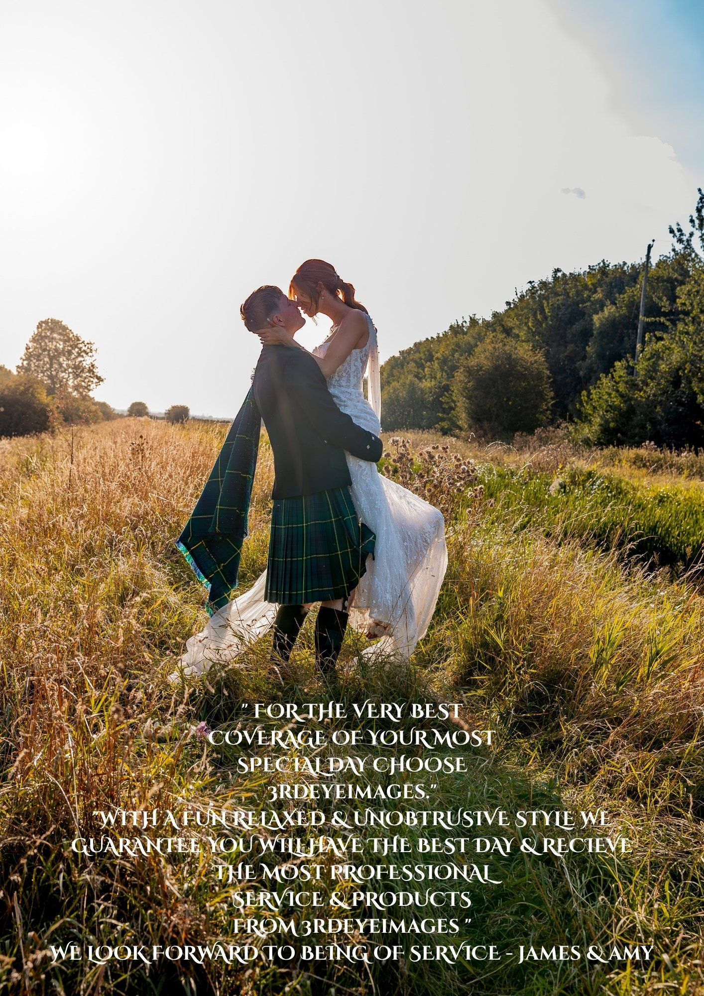 Couple in wedding attire embrace in golden wheat field at sunset with groom wearing traditional Scottish kilt.
