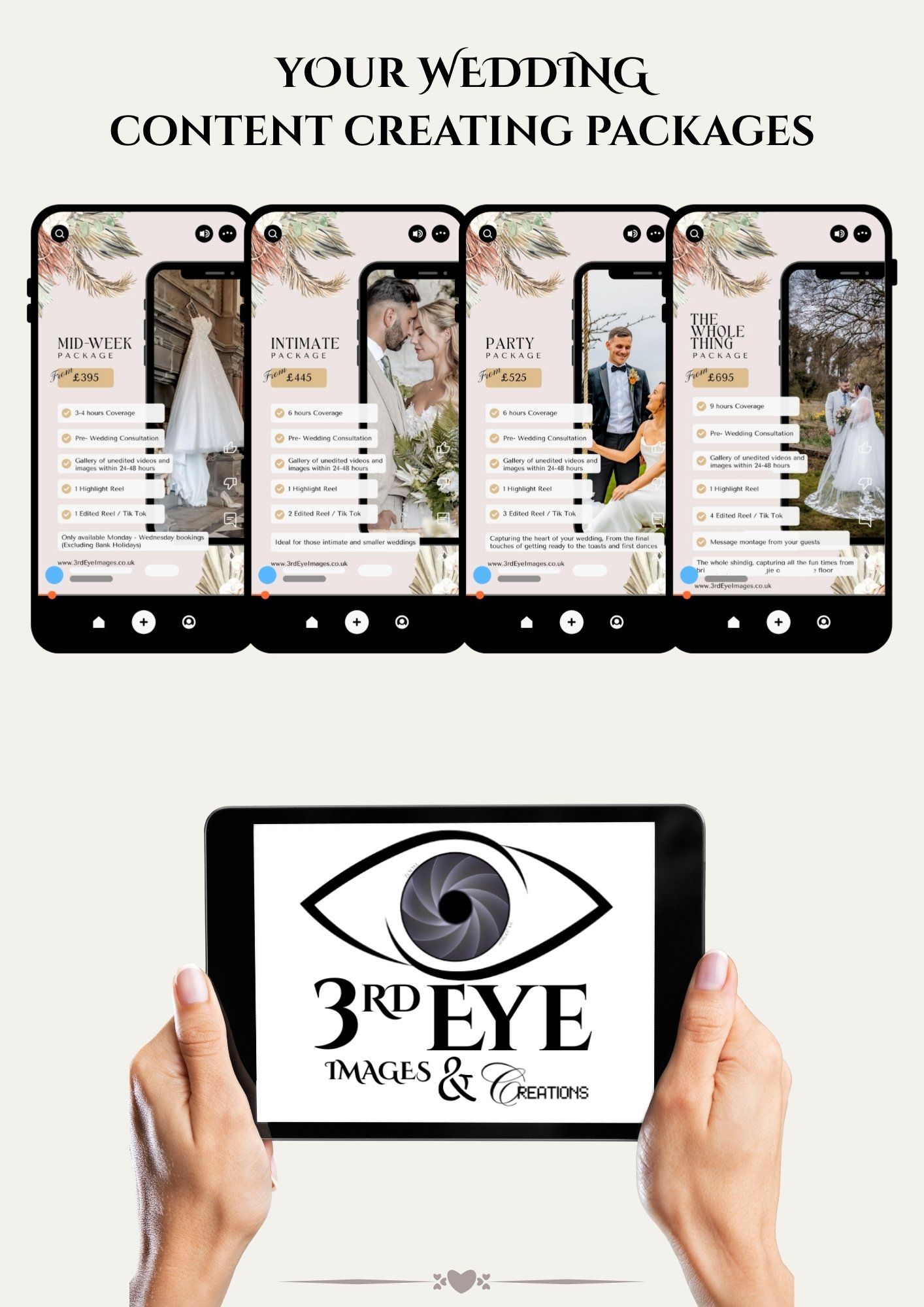Mobile screens displaying wedding photography packages and pricing options with a business logo shown on tablet below.
