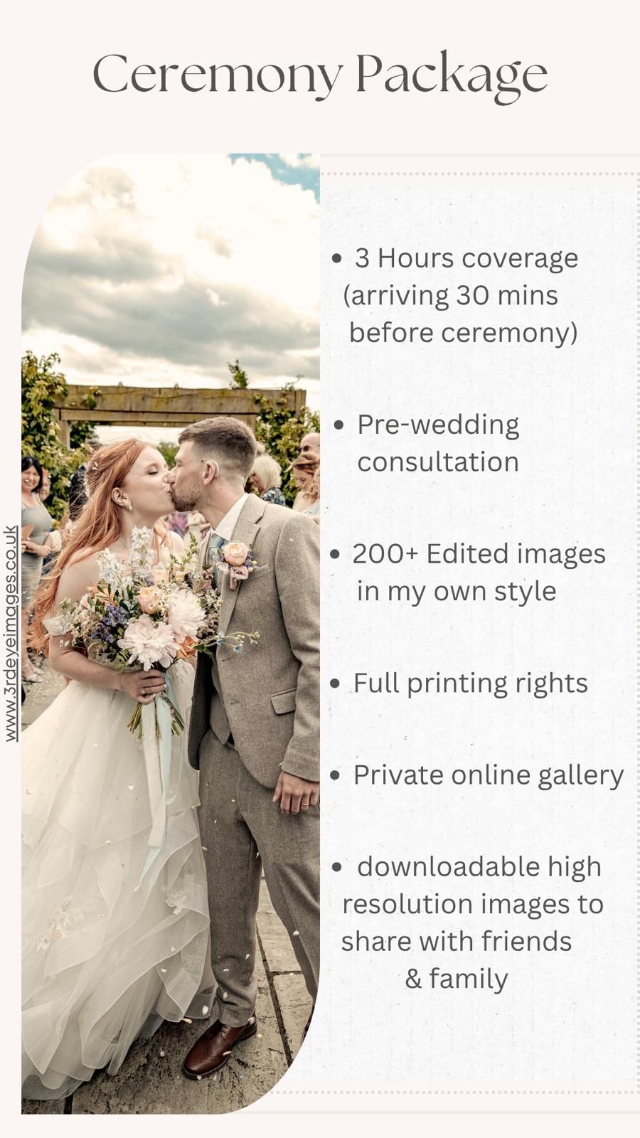 Wedding photography package details shown with romantic sample photo and service inclusions including coverage and image rights.