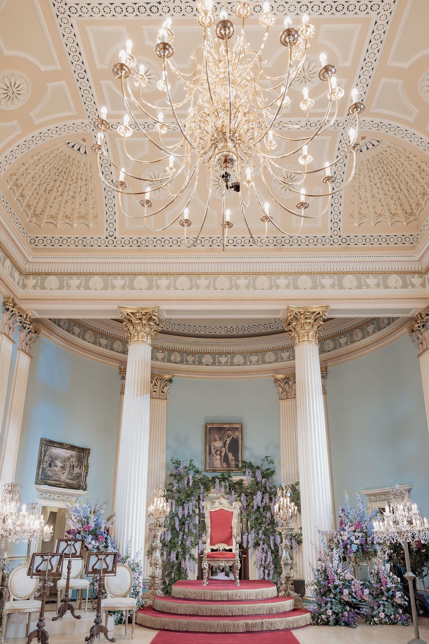 Bridgerton ballroom setup at Newark Town Hall in Nottinghamshire, photographed behind the scenes for the Netflix production.