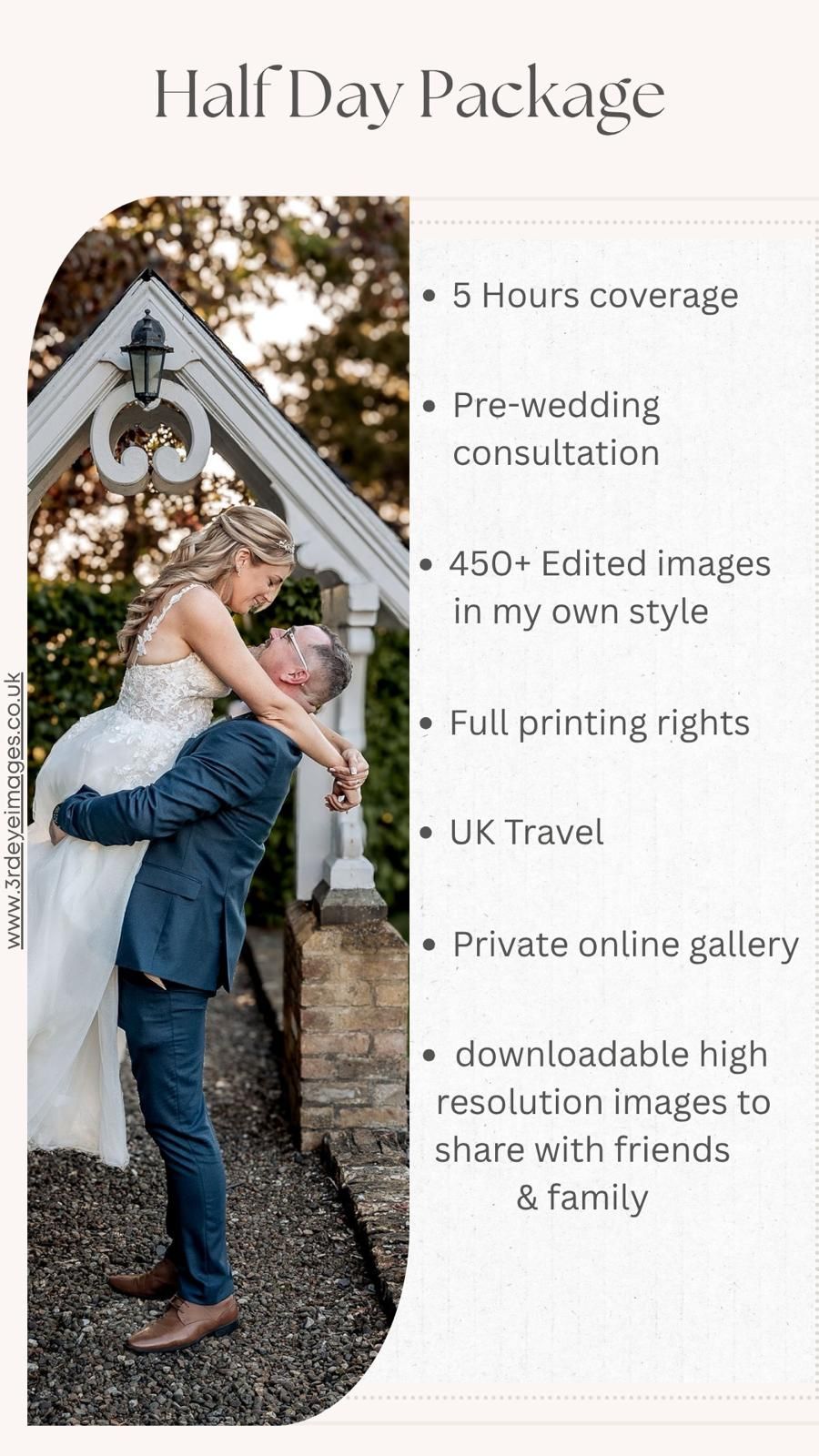 A wedding photography package details layout showing couple portraits and service features for a half day coverage plan.