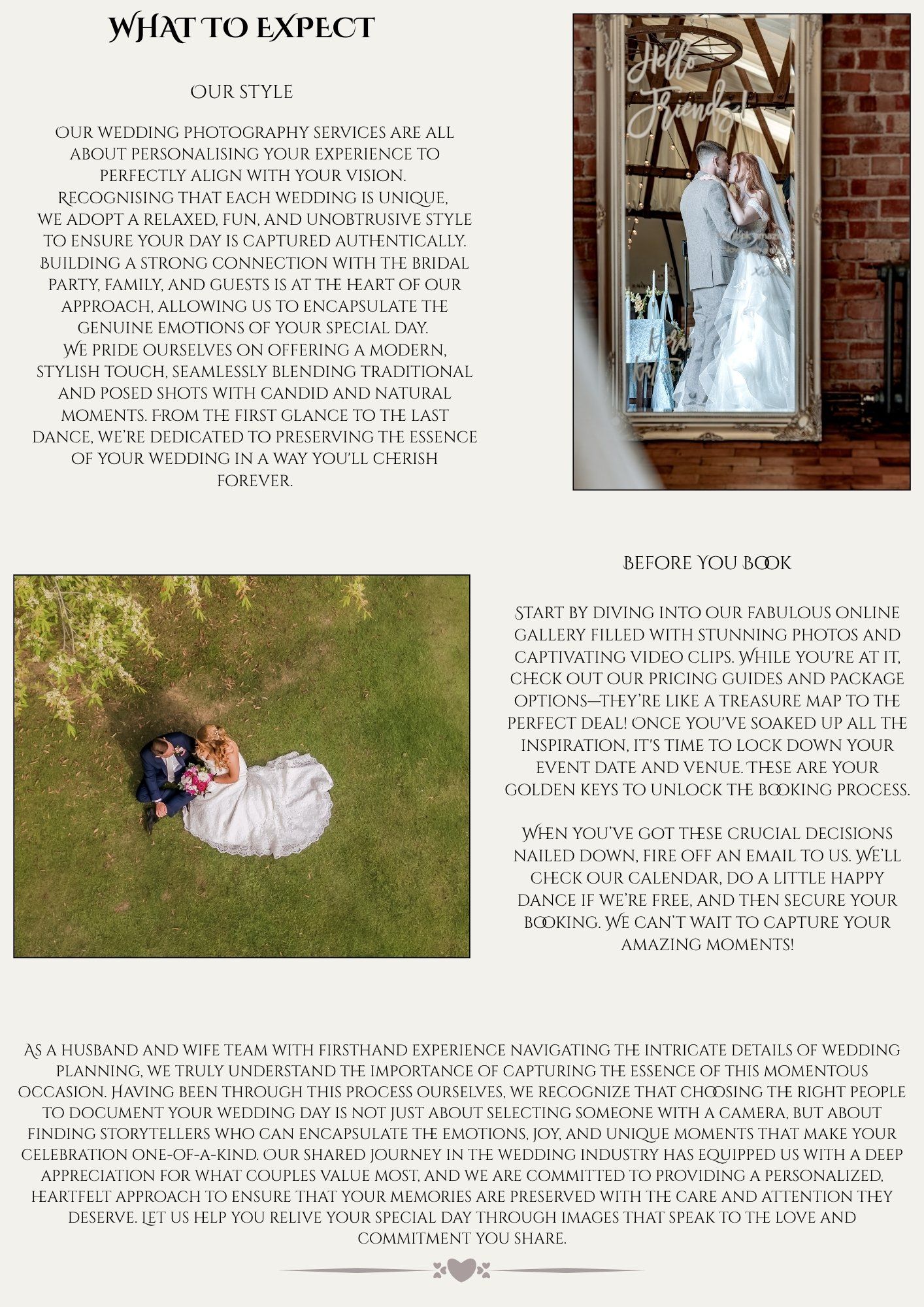 A series of wedding album pages showing bridal photography, outdoor scenes, and text about what to expect for photos.